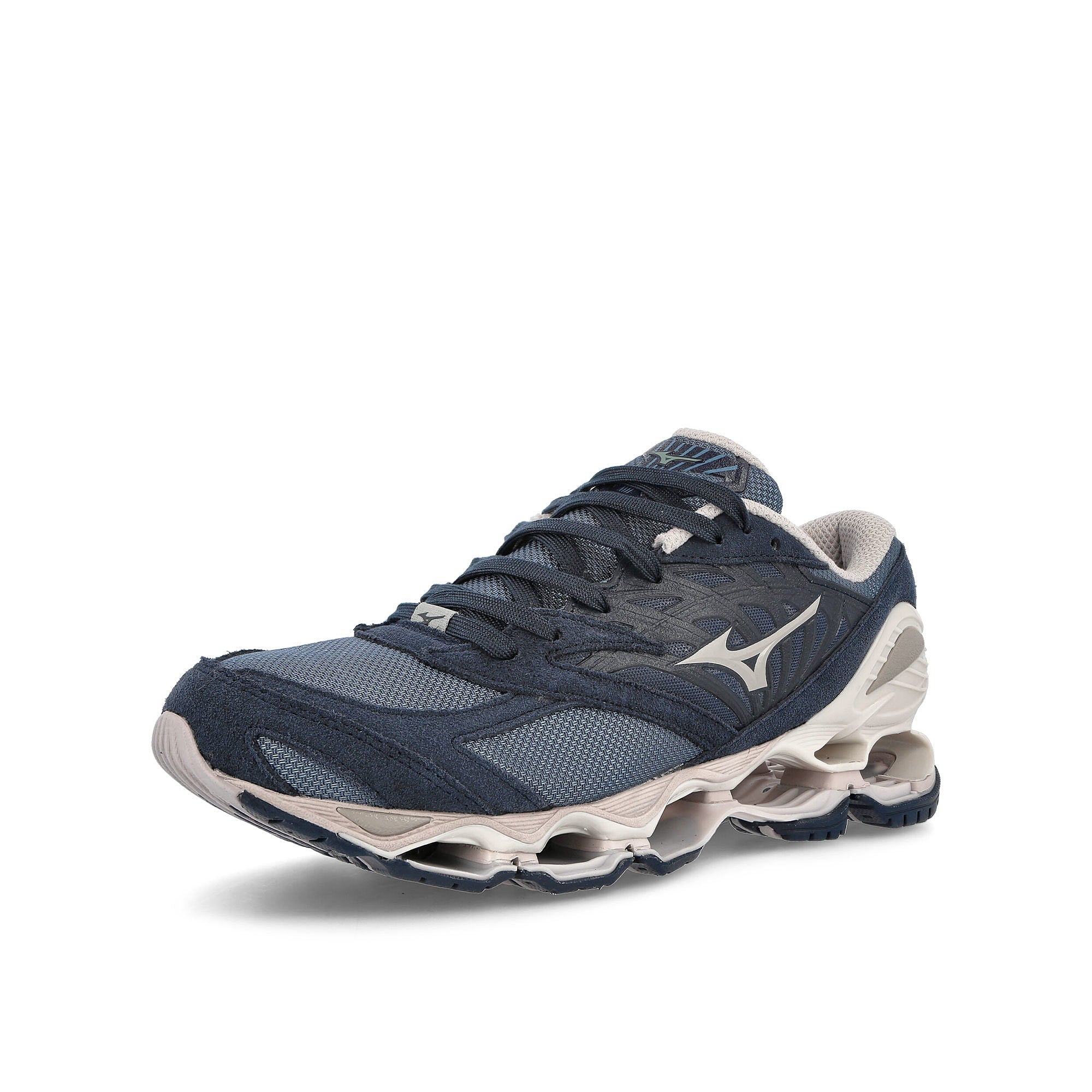 Mizuno Wave Prophecy LS Bering Sea-Silver Cloud-Silver Blue Low Top Sneakers Close Up | Overkill