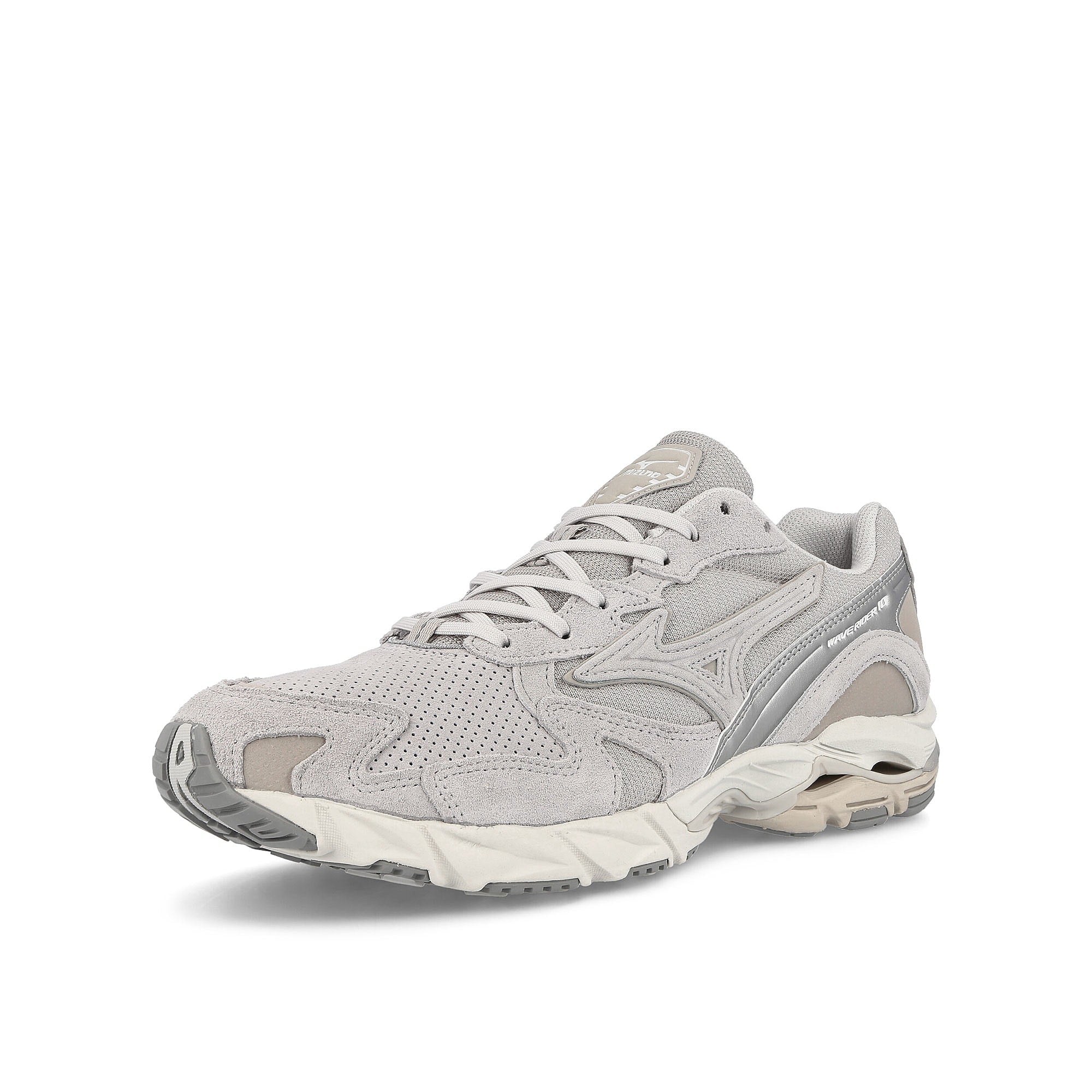 Mizuno Wave Rider 10 Lunar Rock-Harbor Mist-Ultimate Gray Sneakers Close Up | Overkill