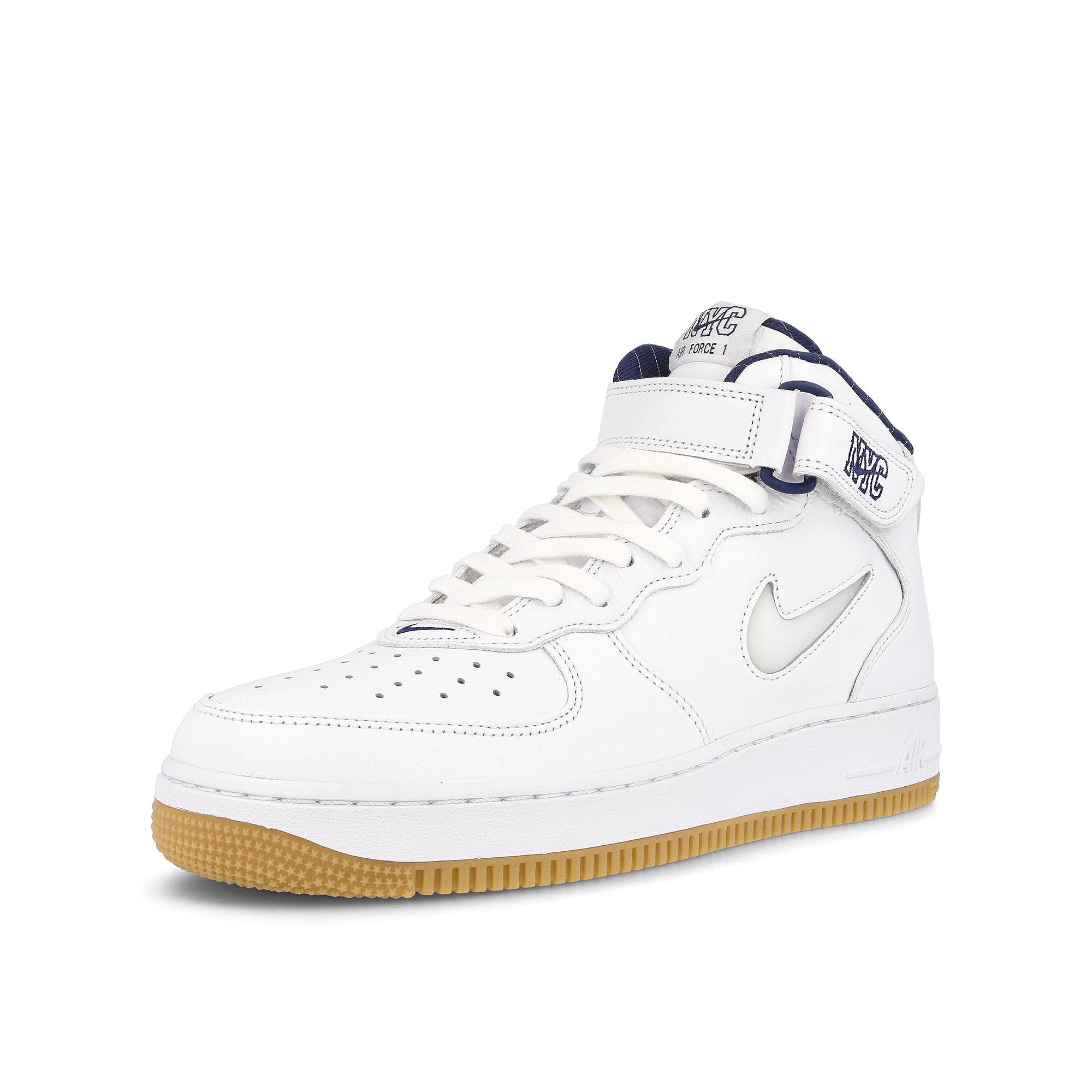 Nike air force 1 mid White-White - Midnight Navy - Gum Yellow Mid Top Sneakers Close Up | Overkill