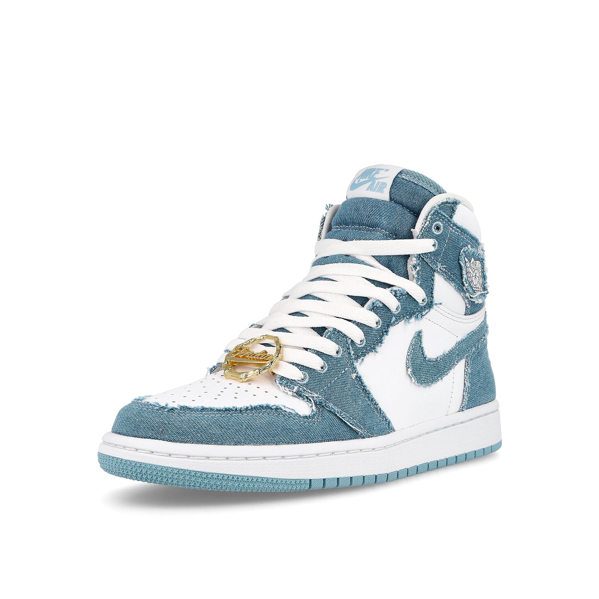 Jordan Wmns Air Jordan 1 Retro Hi OG Denim White / Boarder Blue - Metallic Gold High Top Sneakers Close Up | Overkill