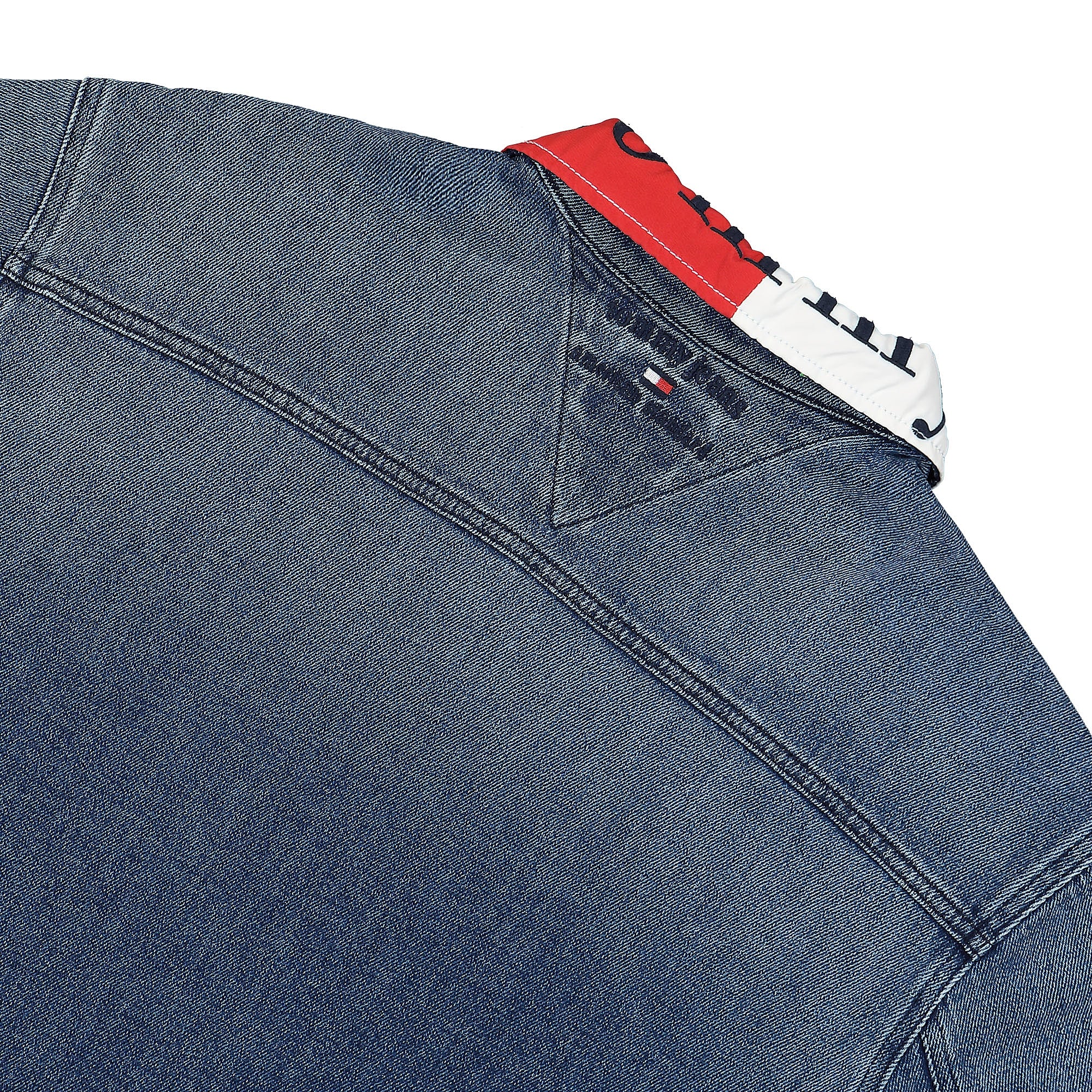 Tommy Jeans TJCU Crop Flag Trucker Jacket Indigo Denim Stone Washed Jackets Detail view 1 | Overkill