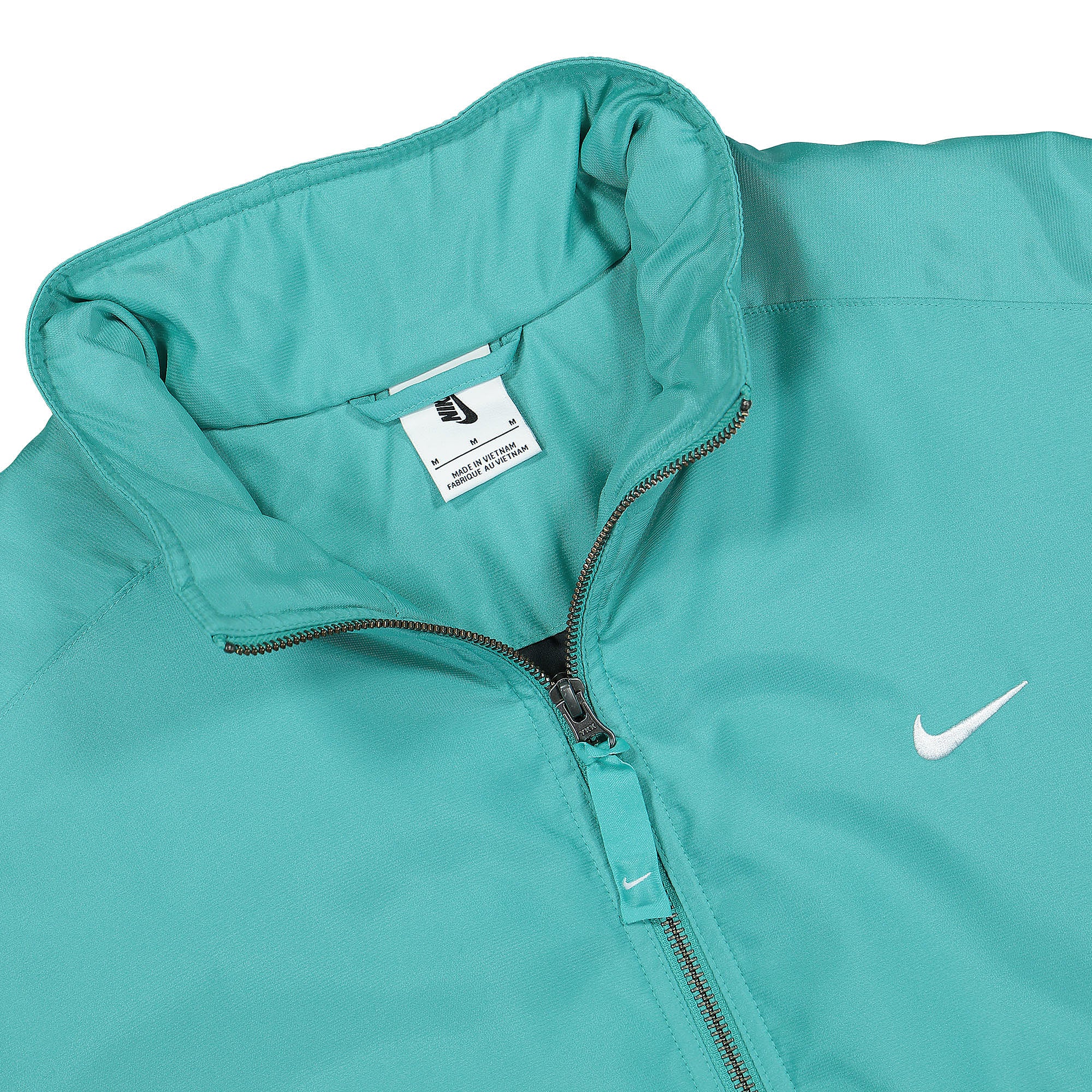 Nike Solo Swoosh Satin Bomber Jacket Washed Teal / Black / White Bomber & Varsity Jackets Close-up | Overkill