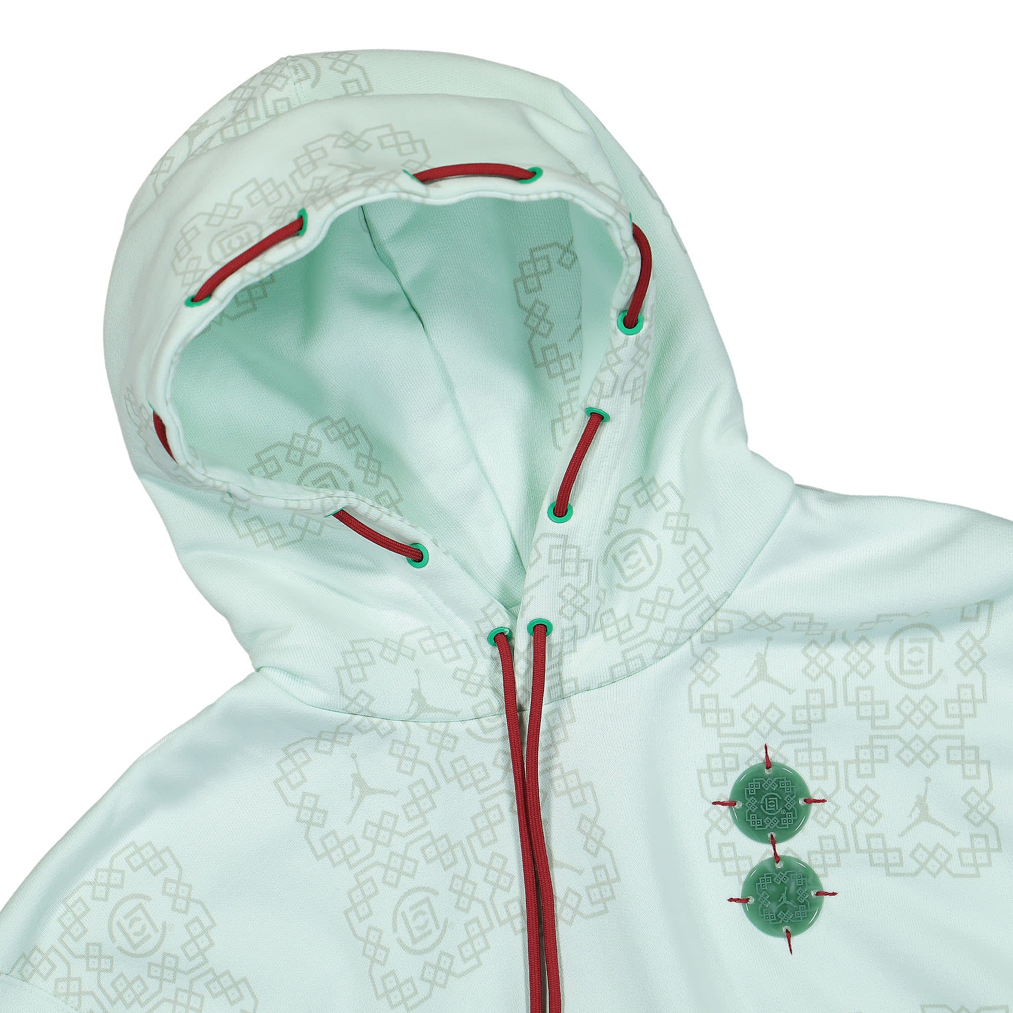 Jordan Clot x Air Jordan All Over Print Fleece Hoodie Barely Green / Light Silver / Storm Red Hoodies Close-up | Overkill