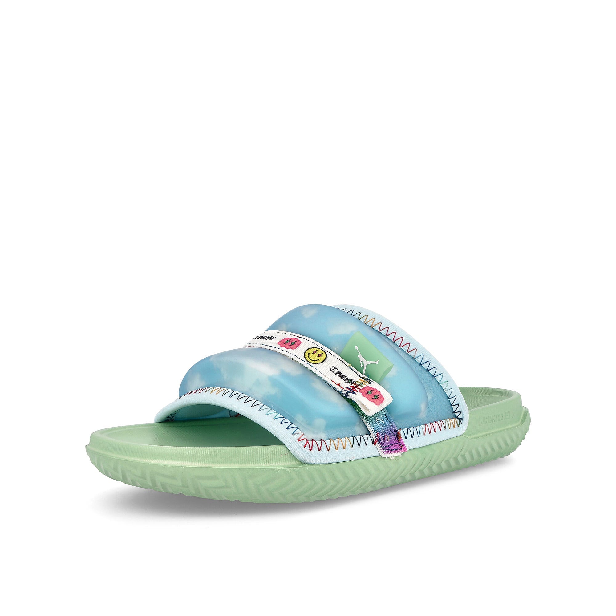Jordan J Balvin x Air Jordan Super Play Slide SP Celecstine Blue / White - Enamel Green Slides, Sandals & Slippers Close Up | Overkill