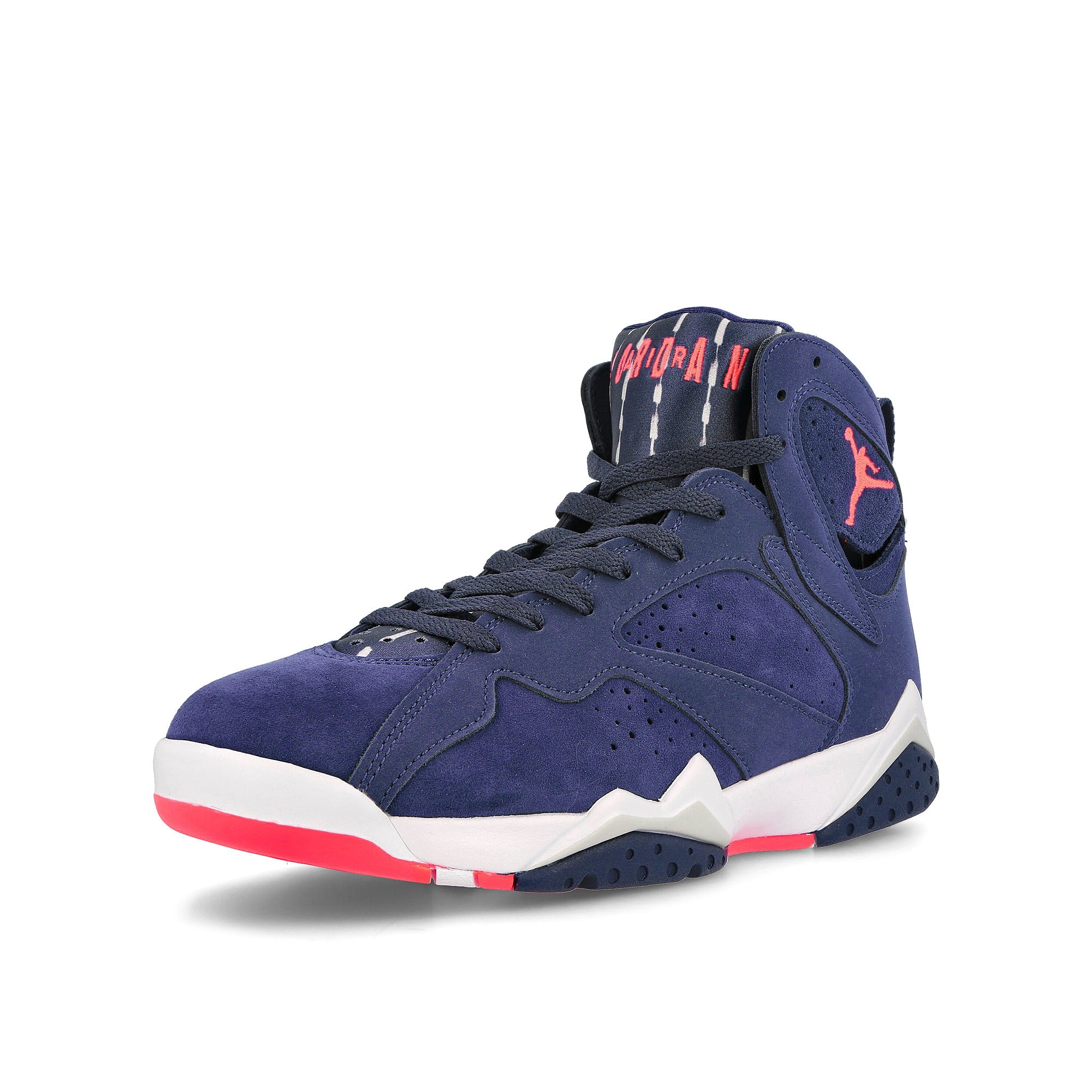 Jordan Air Jordan 7 Quai Retro Neutral Indigo / Bright Crimson -White Sneakers Close Up | Overkill