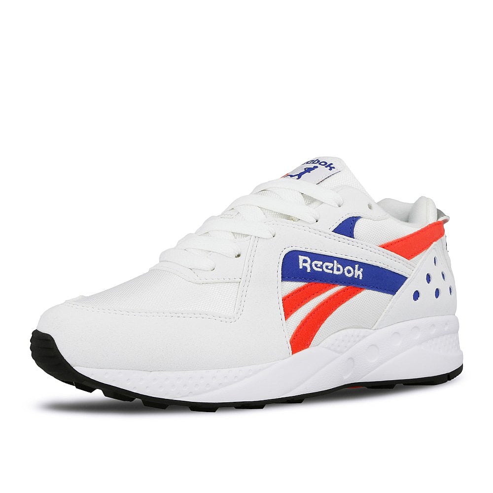 Reebok pyro White-Neon Red-Cobalt-Black Sneakers Close Up | Overkill