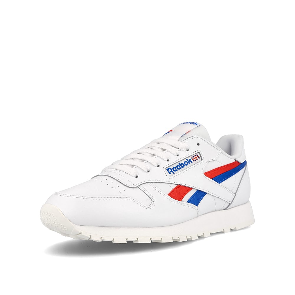 Reebok classic leather White-Instinct Red-Dynamic Blue Low Top Sneakers Close Up | Overkill