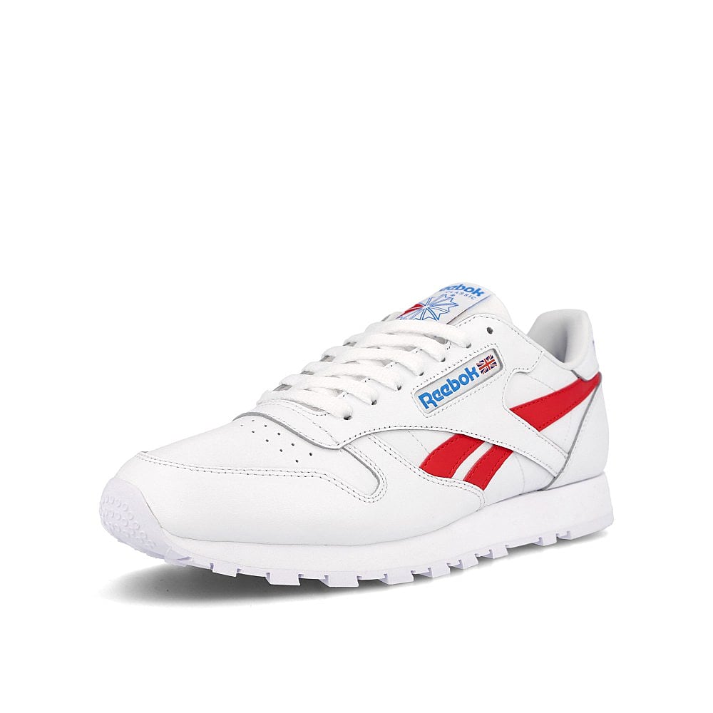 Reebok classic leather White-Vector Red-Horizon Blue Low Top Sneakers Close Up | Overkill