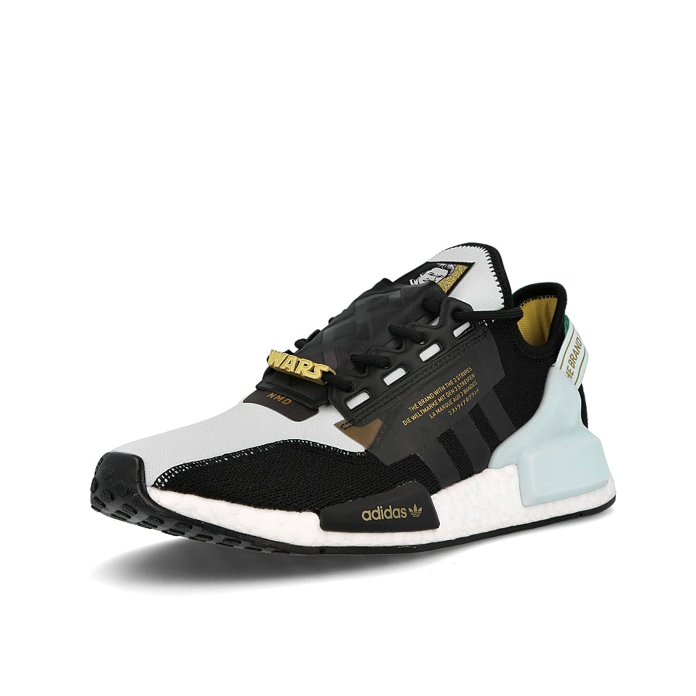 adidas Star Wars x adidas NMD R1.V2 Lando Sky Tint-Core Black-Gold Metallic Sneakers Close Up | Overkill