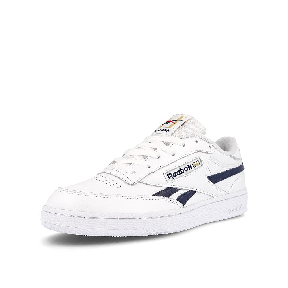 Reebok club c revenge mu White-Collegiate Navy-Matte Gold Low Top Sneakers Close Up | Overkill