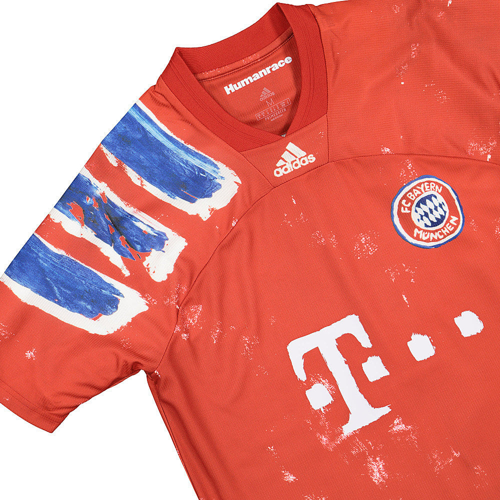 adidas Pharrell Williams x adidas FC Bayern Human Race Jersey FCB True Red / White T-Shirts Close-up | Overkill