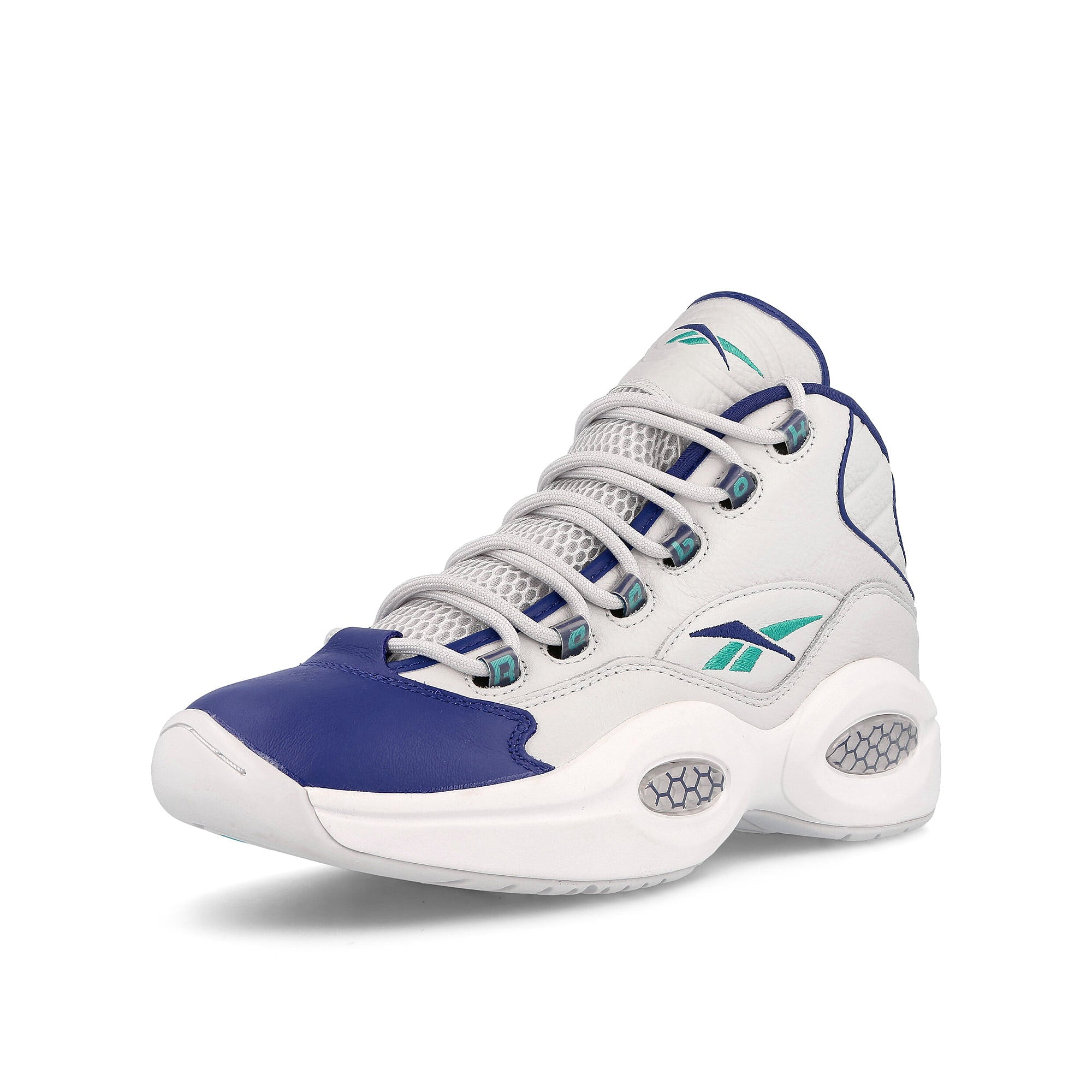 Reebok question mid Cold Grey-Bold Purple-Classic Teal Sneakers Close Up | Overkill