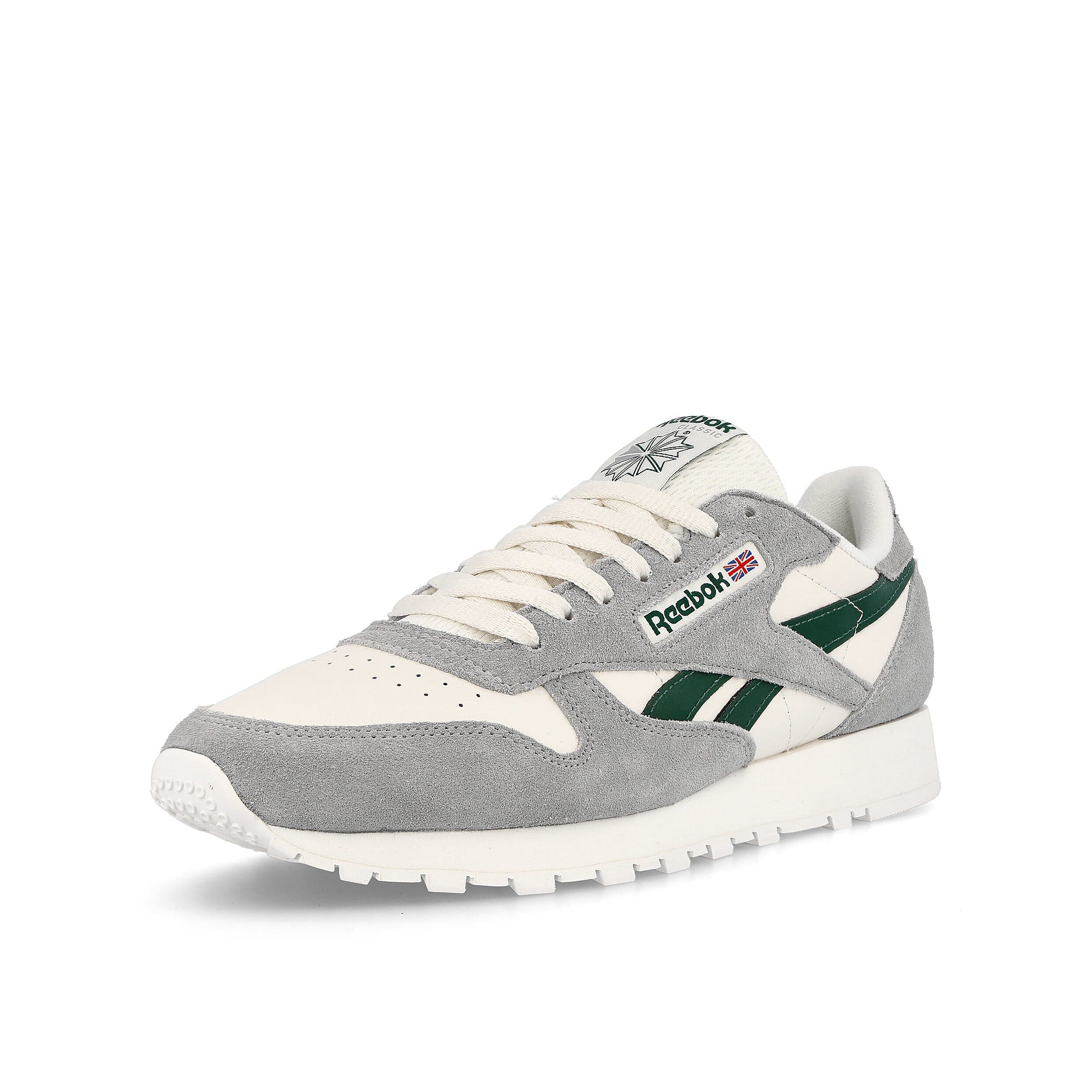 Reebok classic leather Pure Grey / Dark Green / Chalk Low Top Sneakers Close Up | Overkill