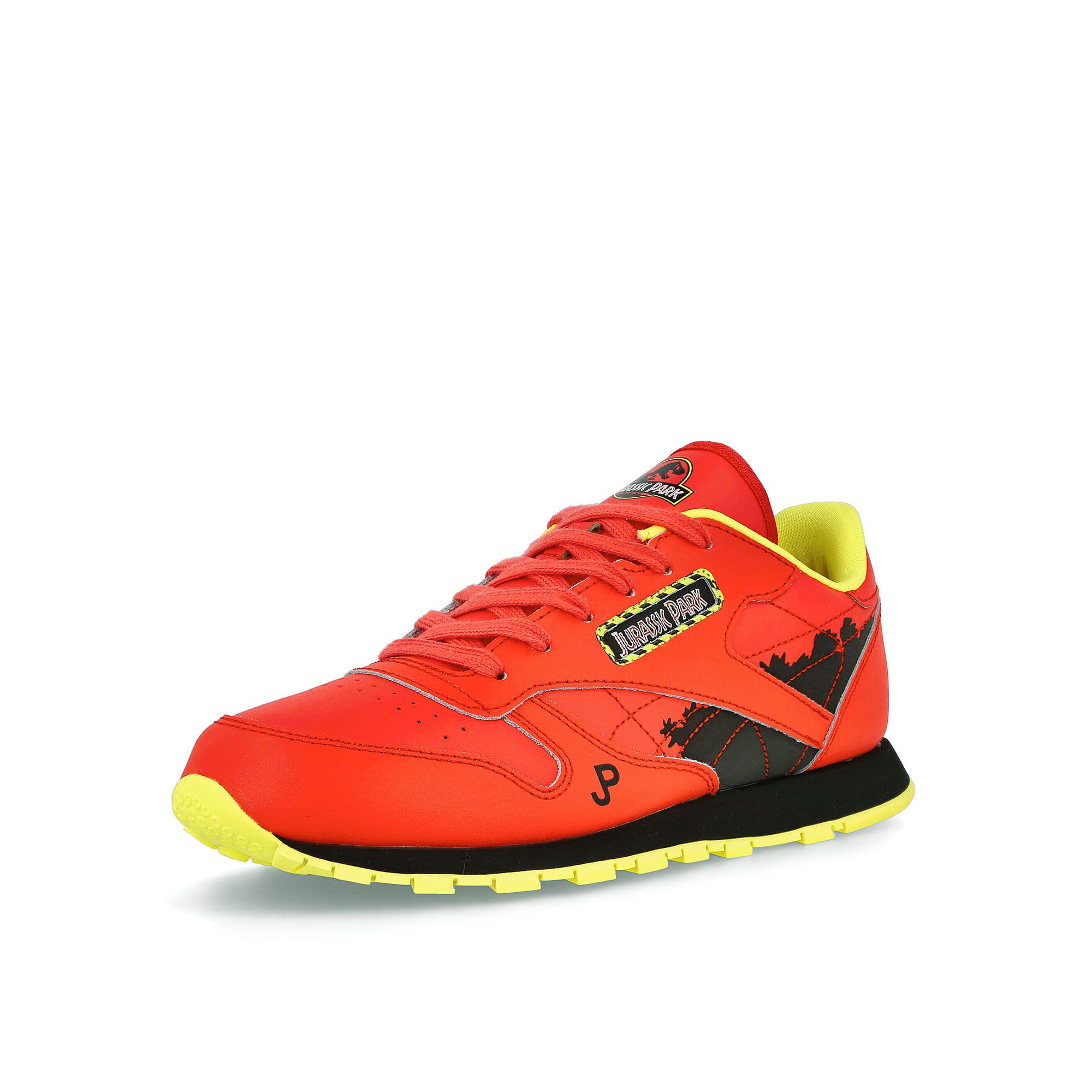 Reebok Jurassic Park x Reebok Classic Leather Junior Radiant Red-Coal-Blaze Yellow Sneakers Close Up | Overkill