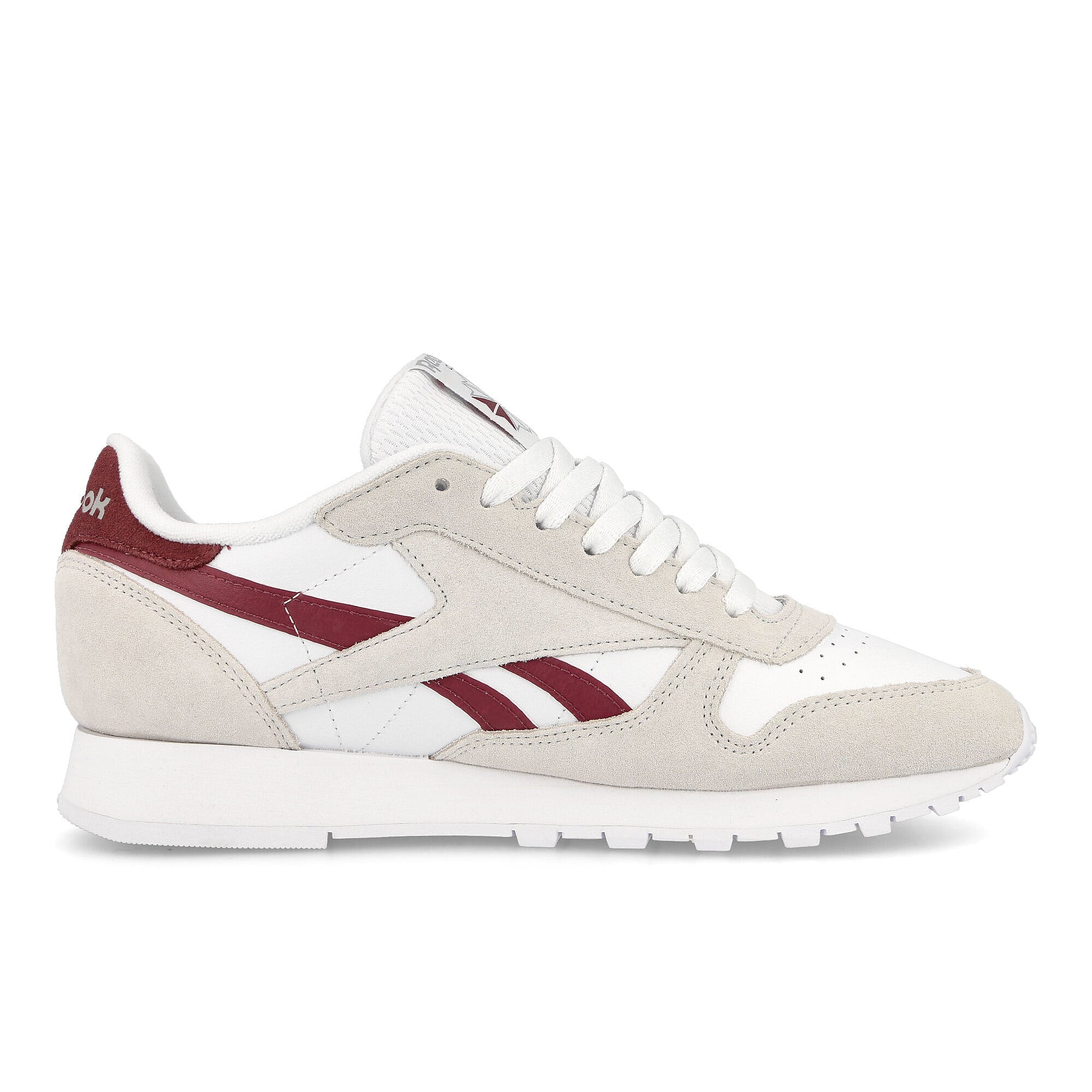Reebok Classic Leather Pure Grey 1 / Classic Burgundy / Cloud White Low Top Sneakers Silhouette | Overkill