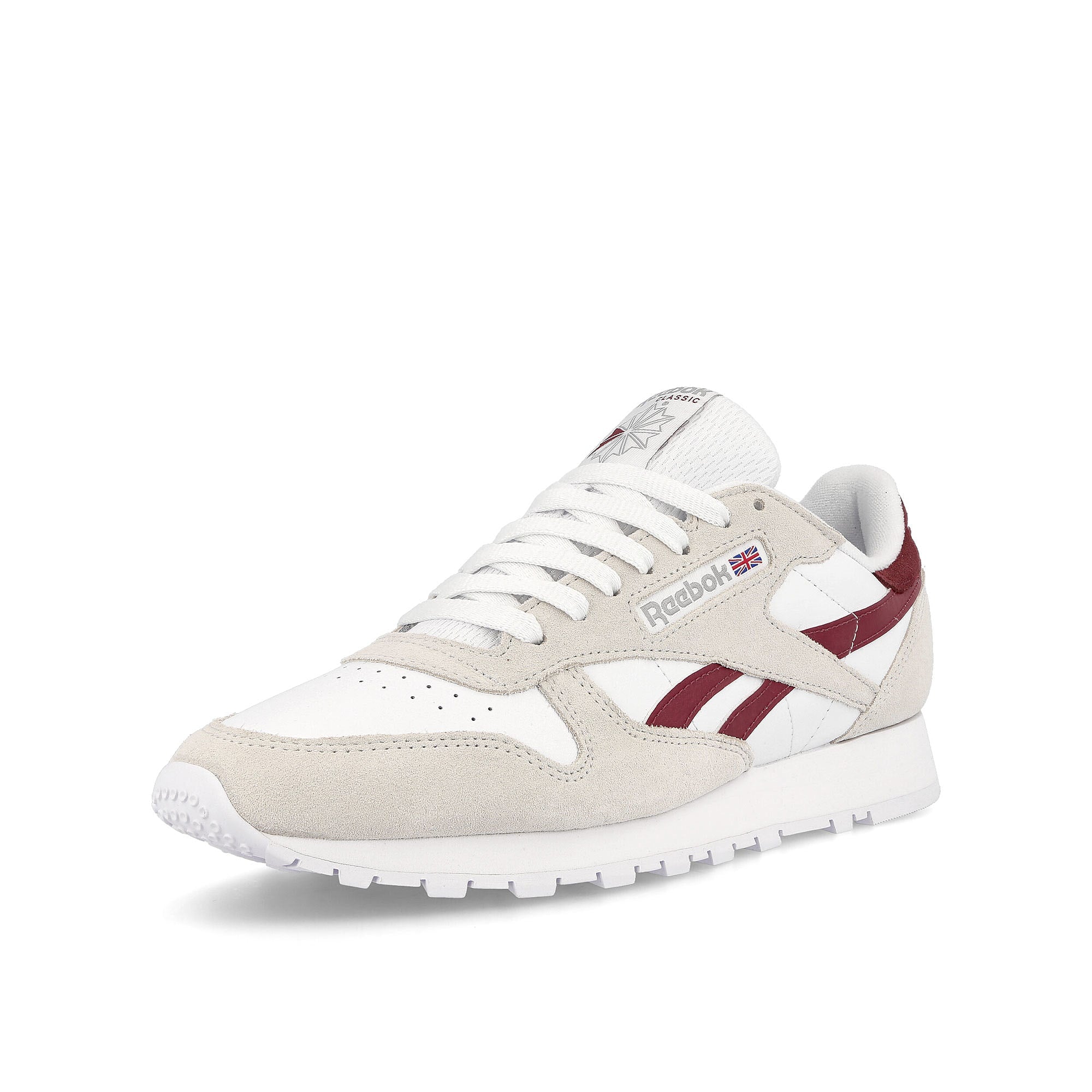 Reebok Classic Leather Pure Grey 1 / Classic Burgundy / Cloud White Low Top Sneakers Close Up | Overkill