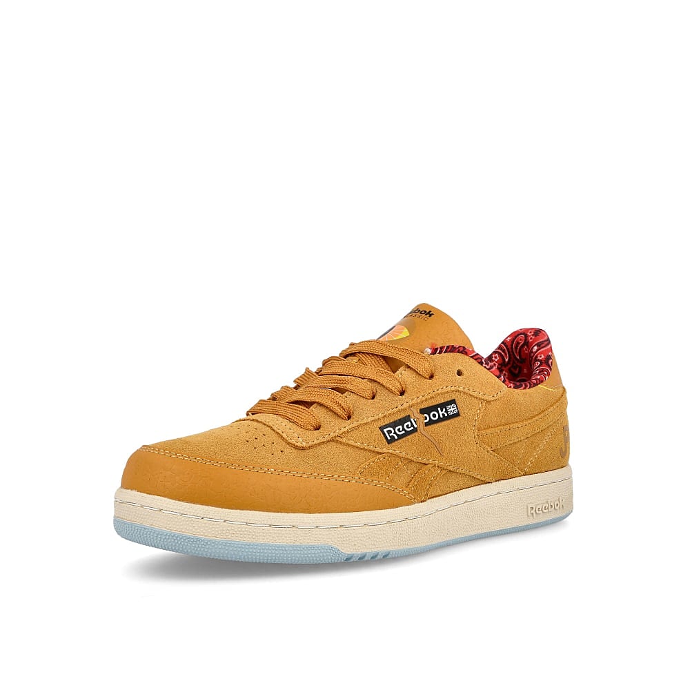 Reebok Jurassic Park x Reebok Club C 85 Junior Rich Ochre-Diffused Blue-Stadium Red Sneakers Close Up | Overkill