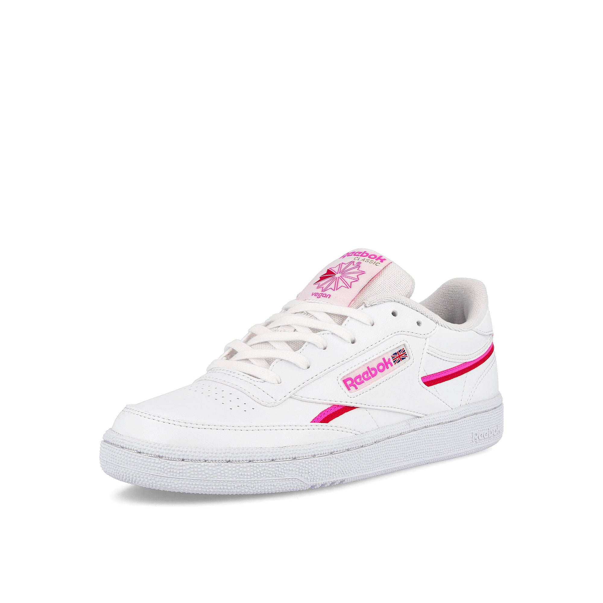 Reebok wmns club c 85 vegan Footwear White / Atomic Pink / Vector Red Low Top Sneakers Close Up | Overkill