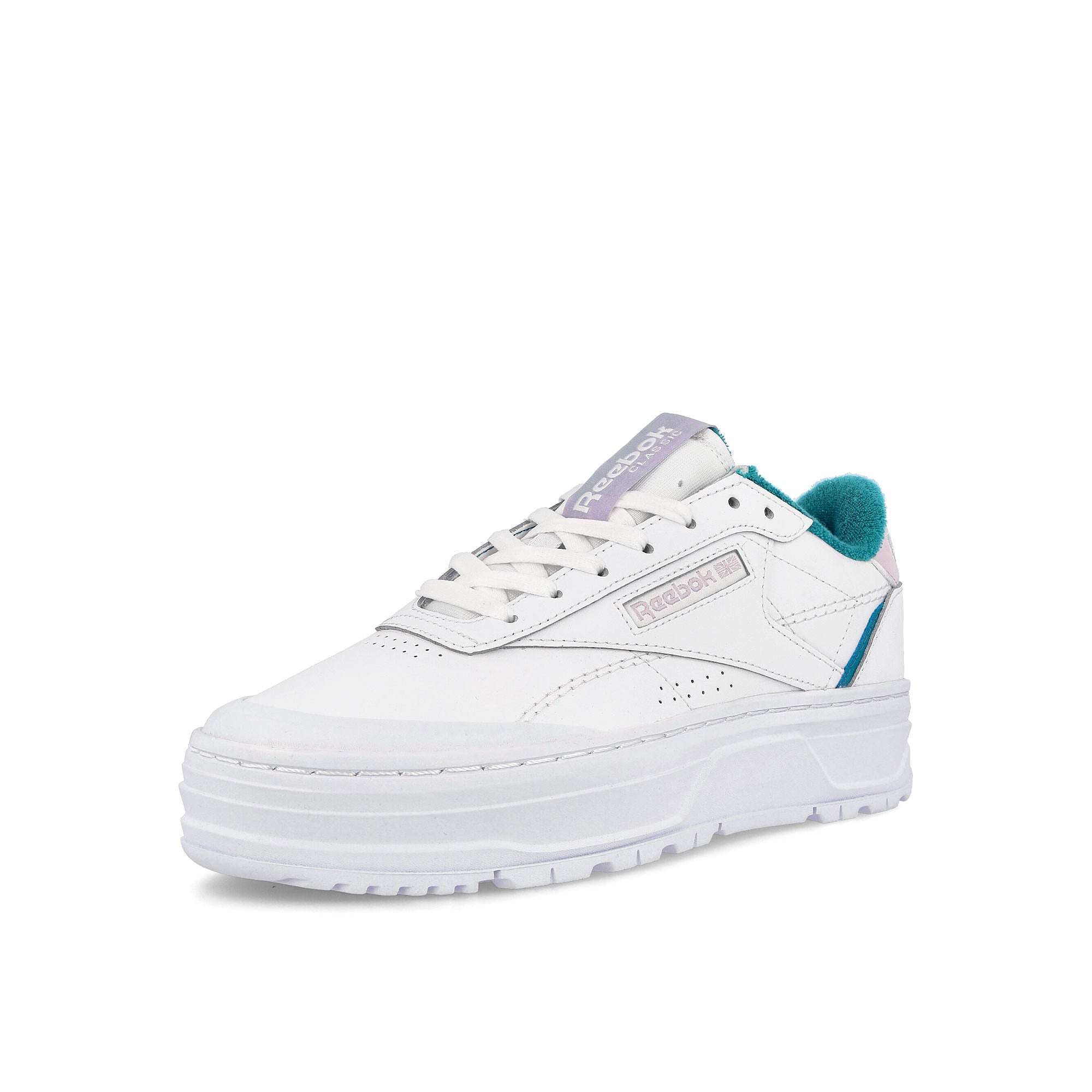 Reebok wmns club c double geo Cloud White-Seaport Teal-Quartz Glow Sneakers Close Up | Overkill