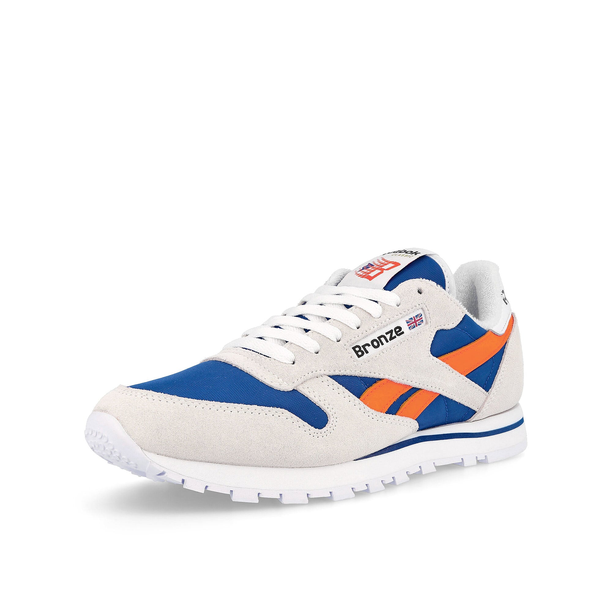 Reebok Bronze 56k x Reebok Classic Leather Chalk-Classic Cobalt-Slam Orange Sneakers Close Up | Overkill