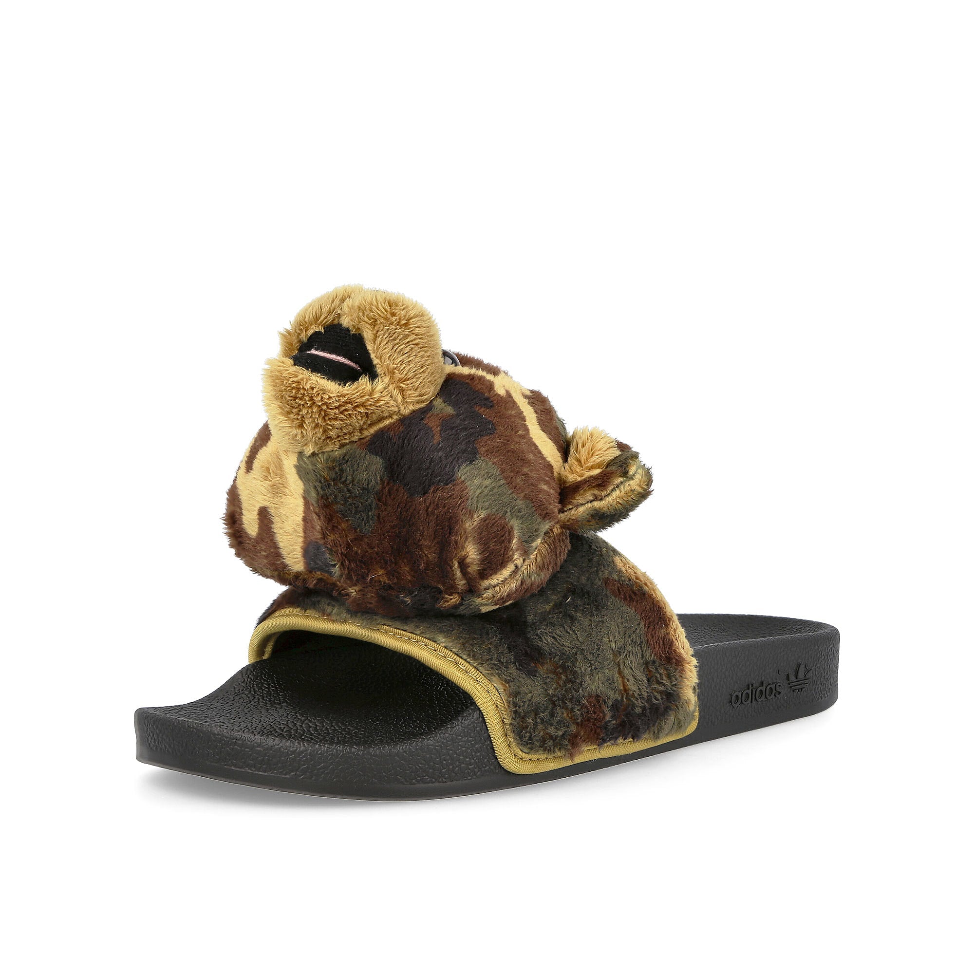 adidas Jeremy Scott x adidas Adilette Teddy Core Black-Core Black-Core Black Slides, Sandals & Slippers Close Up | Overkill