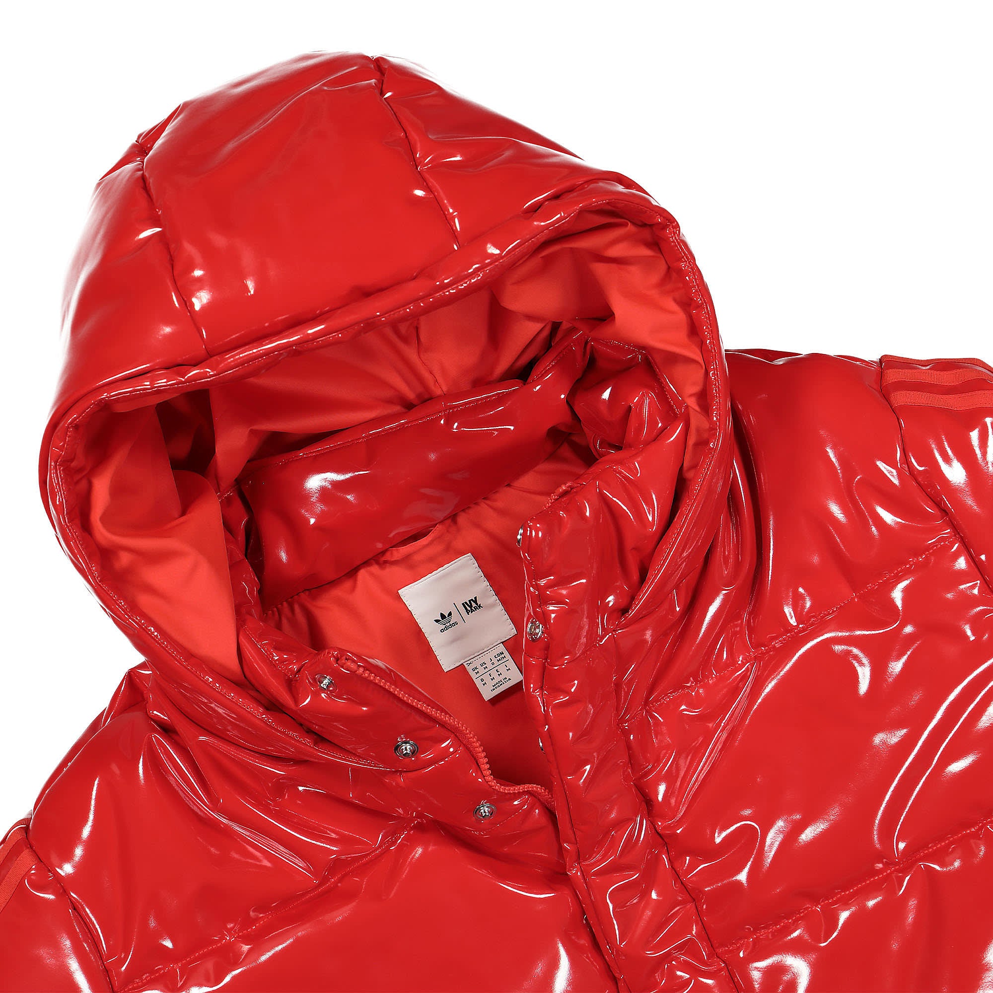 adidas Ivy Park x adidas Latex Crop Puffer Jacket Red Puffer Jackets Close-up | Overkill