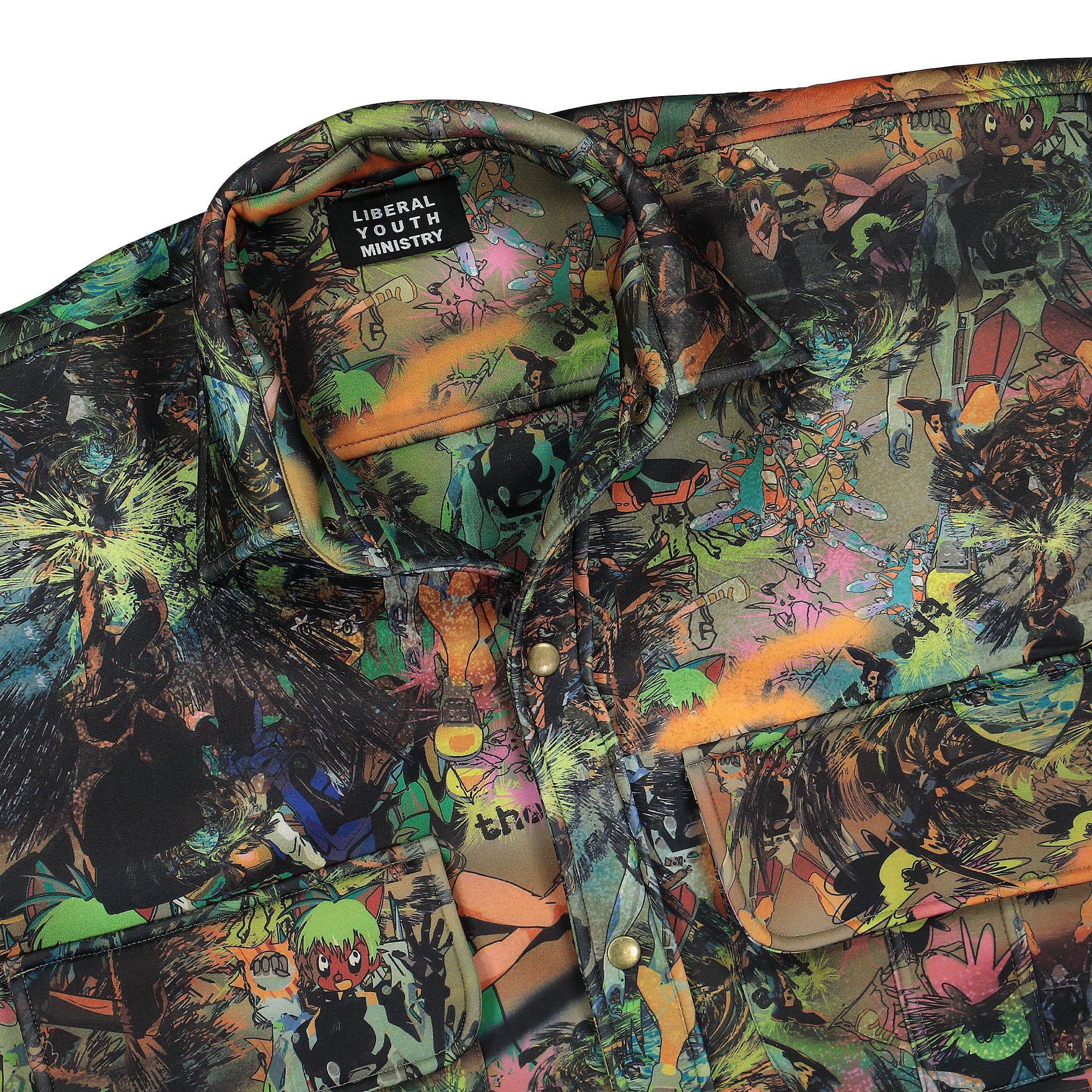 Liberal Youth Ministry Camo Cartoon Scuba Knit Shirt Green Multicolor Shirts Close-up | Overkill