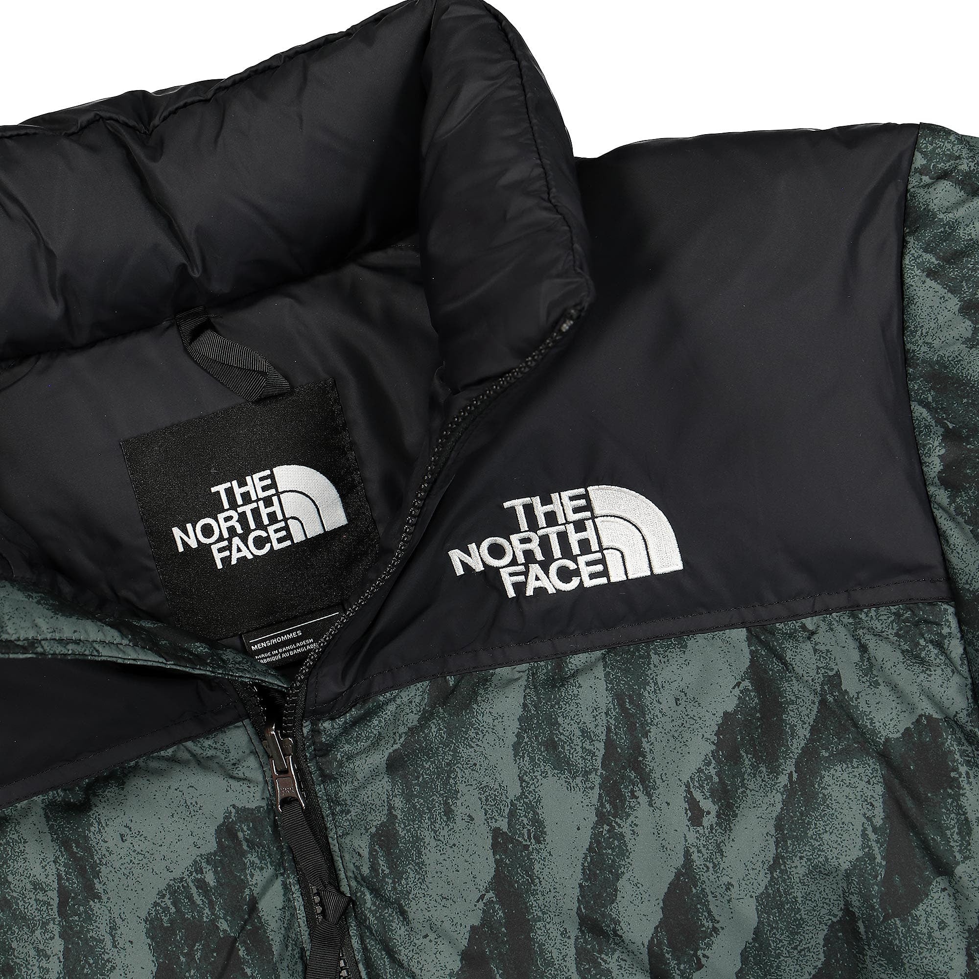 The North Face 1996 Retro Nuptse Jacket Balsam Green Wooden Tiger Print Puffer Jackets Close-up | Overkill