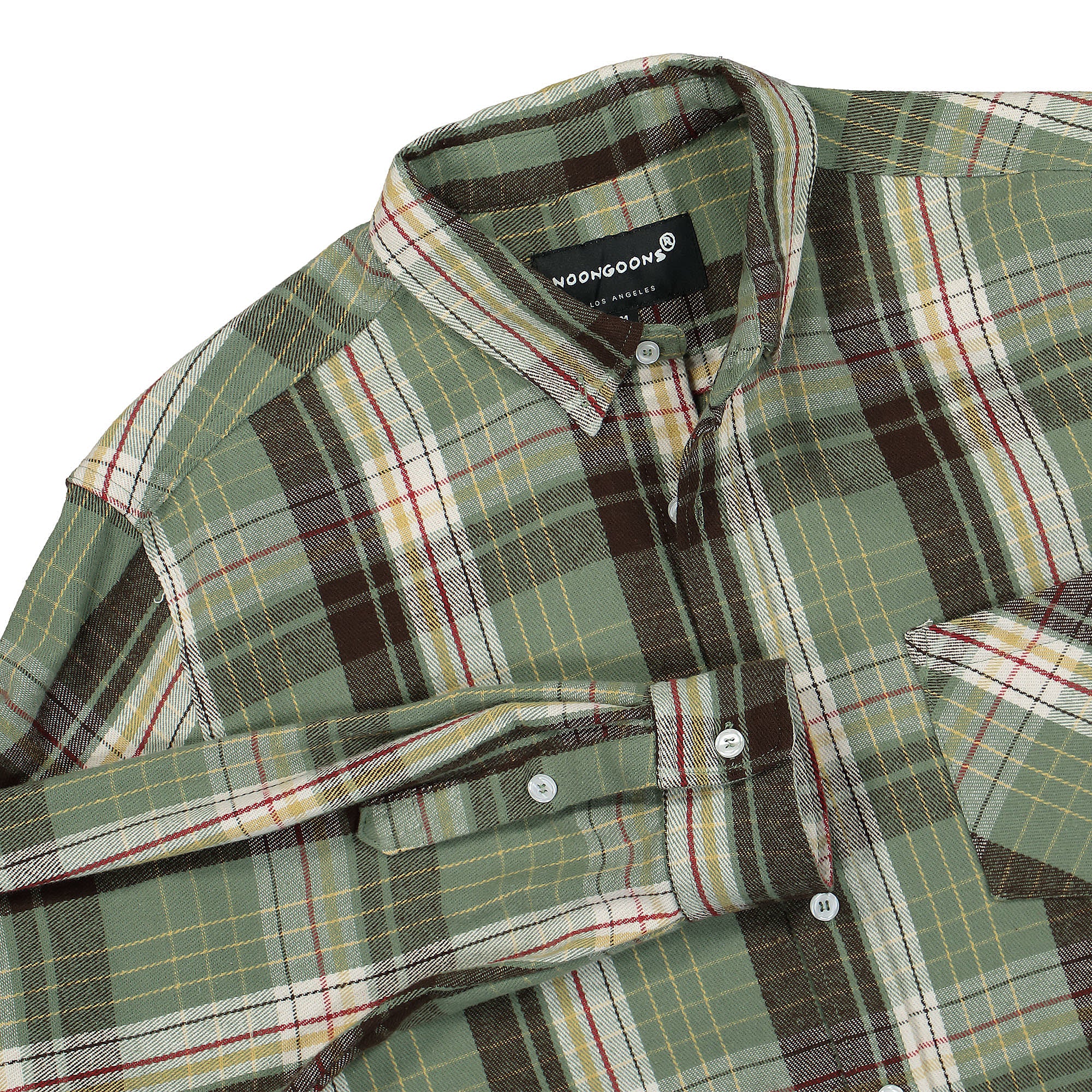 Noon Goons Over It Flannel Tea Green Shirts Close-up | Overkill