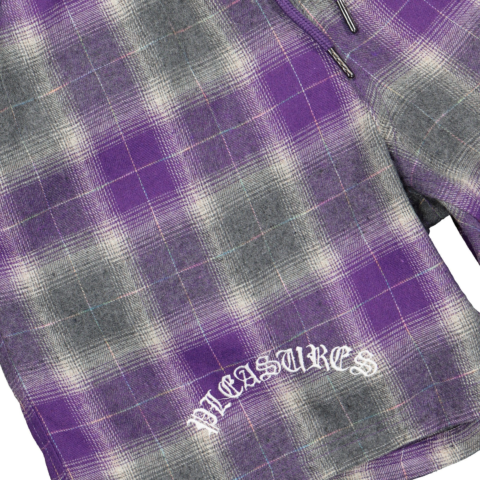 Pleasures Now Shadow Plaid Shorts Purple Shorts Close-up | Overkill