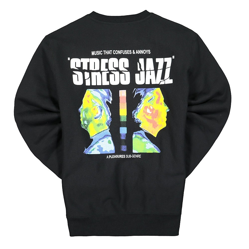 Pleasures Stress Jazz Premium Crewneck Black Sweatshirts Close-up | Overkill