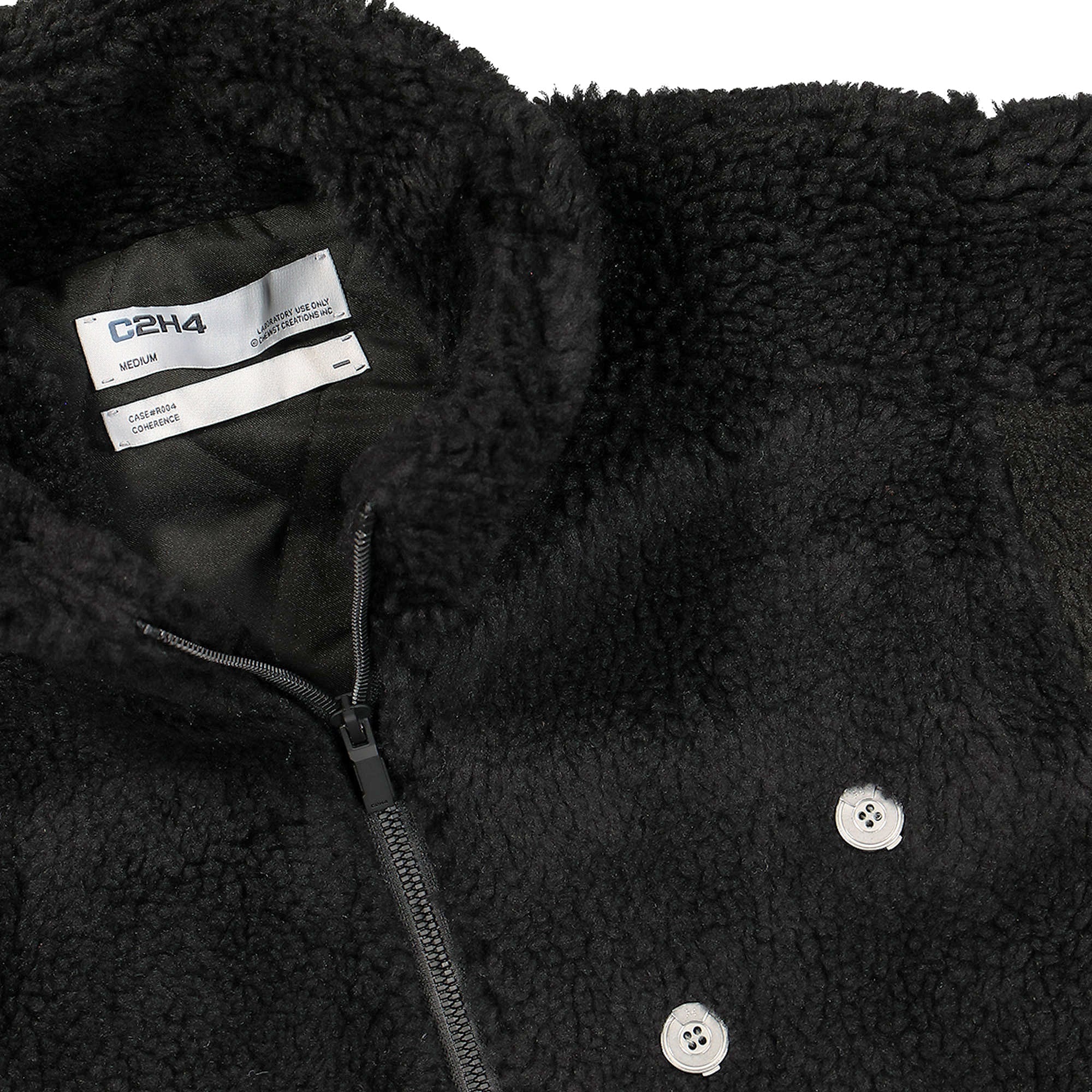 C2H4 arc panelled asteroid padded fleece coat Fuzzy Black Fleece Jackets Close-up | Overkill