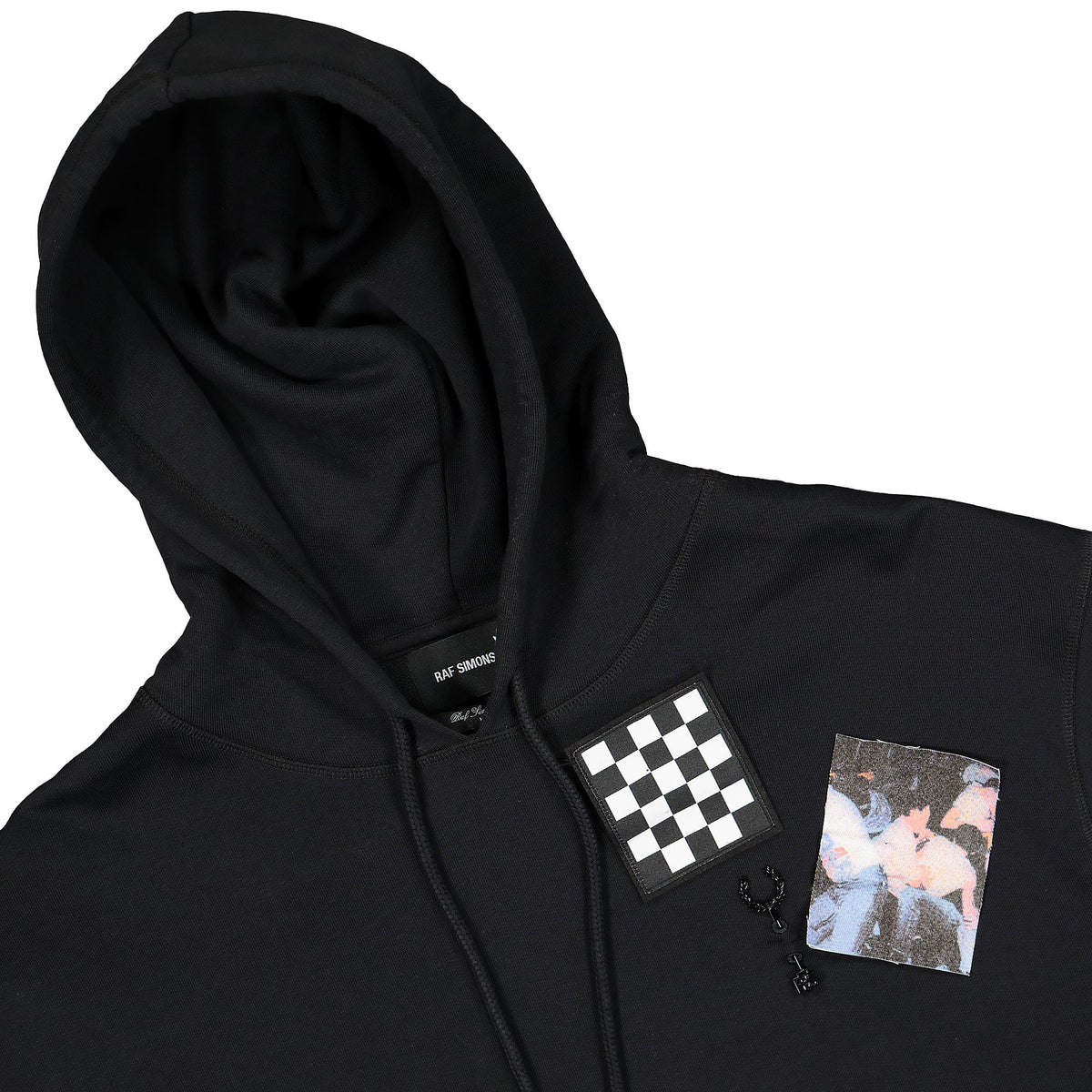 Fred Perry Raf Simons x Fred Perry Pin Detail Printed Patch Hoody Black Hoodies Close-up | Overkill