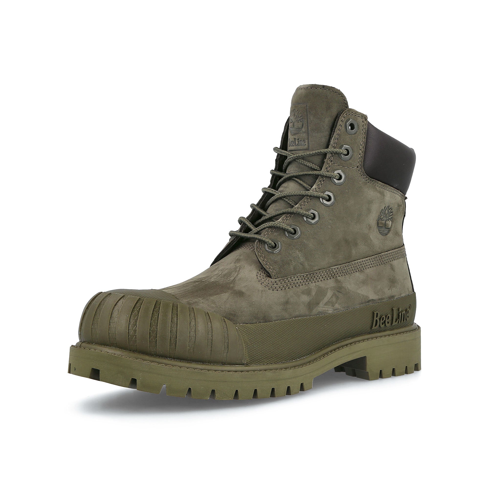 Timberland Bee Line x Timberland Premium 6 in Waterproof Boot Dark Green Nubuck Sneakers Close Up | Overkill