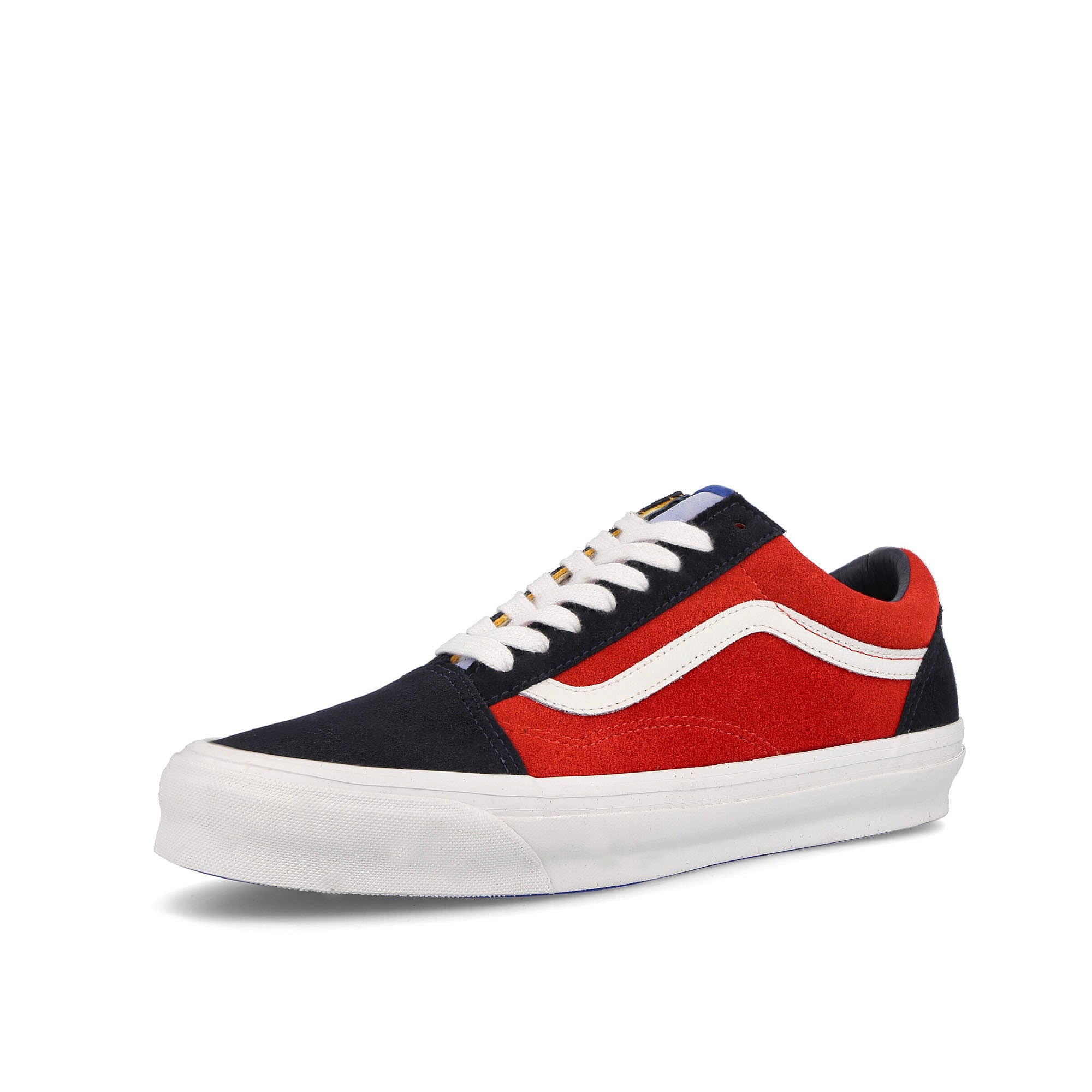 Vans OG Old Skool L Wall Navy-Red Low Top Sneakers Close Up | Overkill