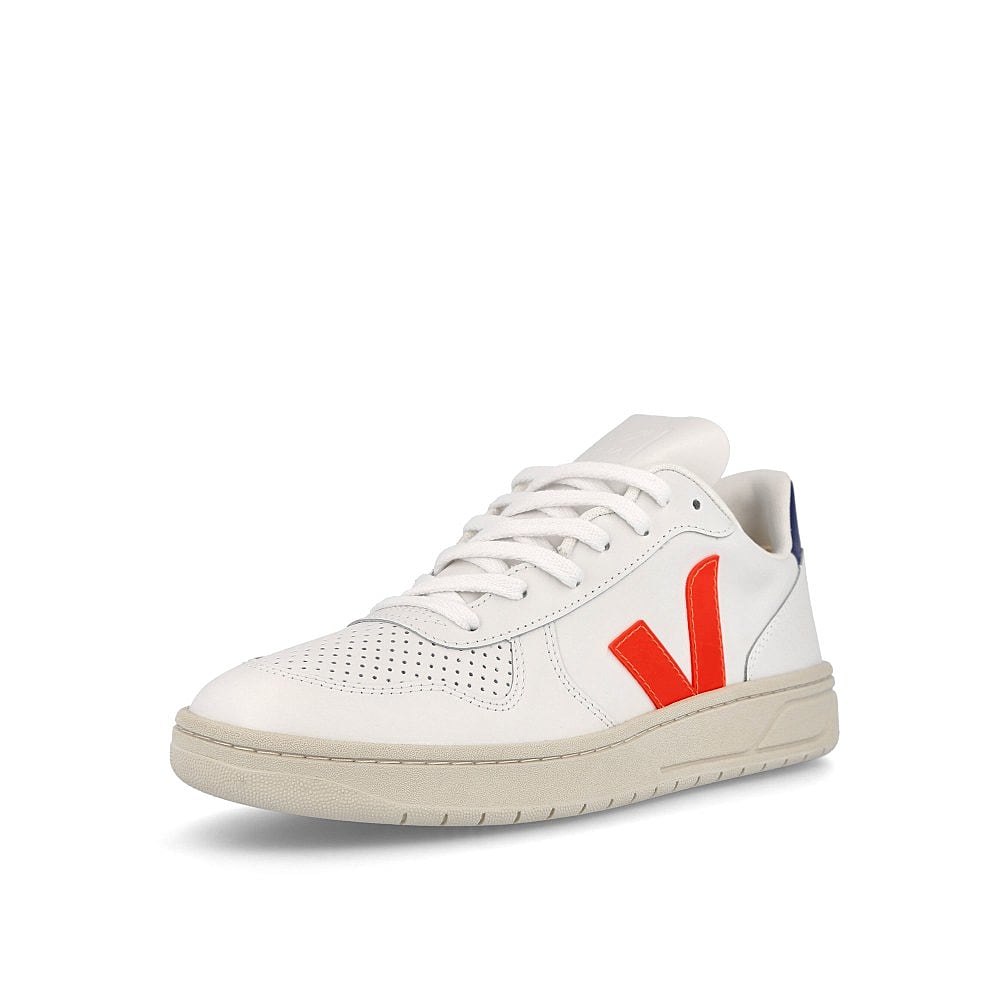 Veja wmns v-10 leather Extra White-Orange Fluo Cobalt Sneakers Close Up | Overkill
