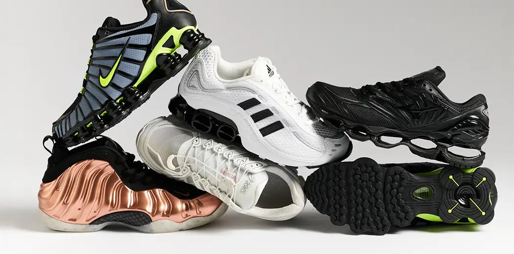 Five sneakers are stacked artfully, featuring various designs and colors: metallic bronze, blue with green accents, white with black stripes, and all-black.