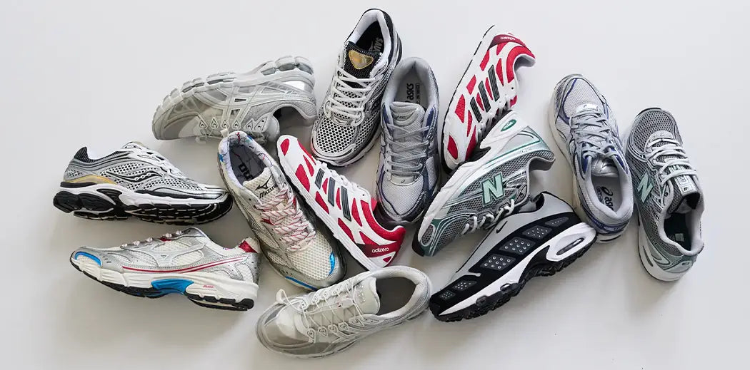 A collection of various athletic Y2K sneakers arranged in a circle on a white background. The shoes show diverse designs and colors, conveying a sporty theme.