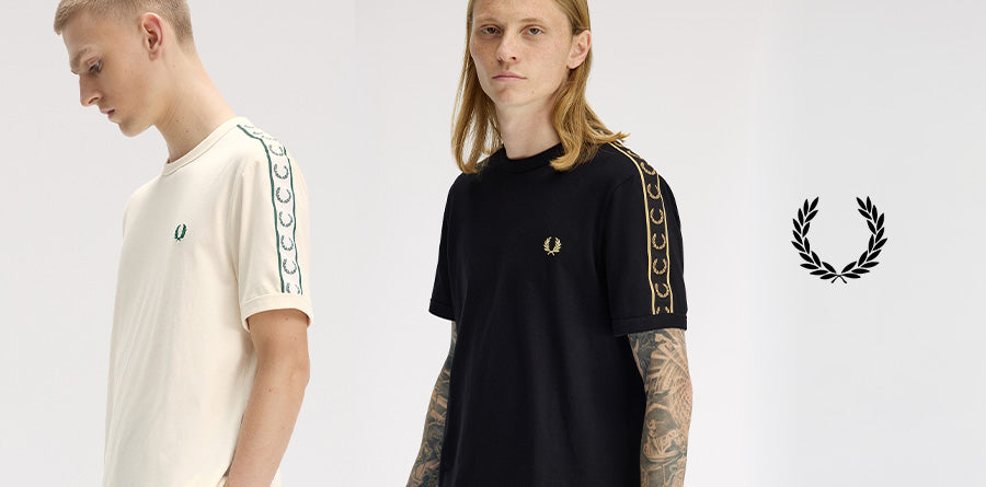 Three Fred Perry polo shirts are displayed: a pink checkered design, a solid black with red trim, and a green with diamond patterns, creating a stylish and casual vibe.