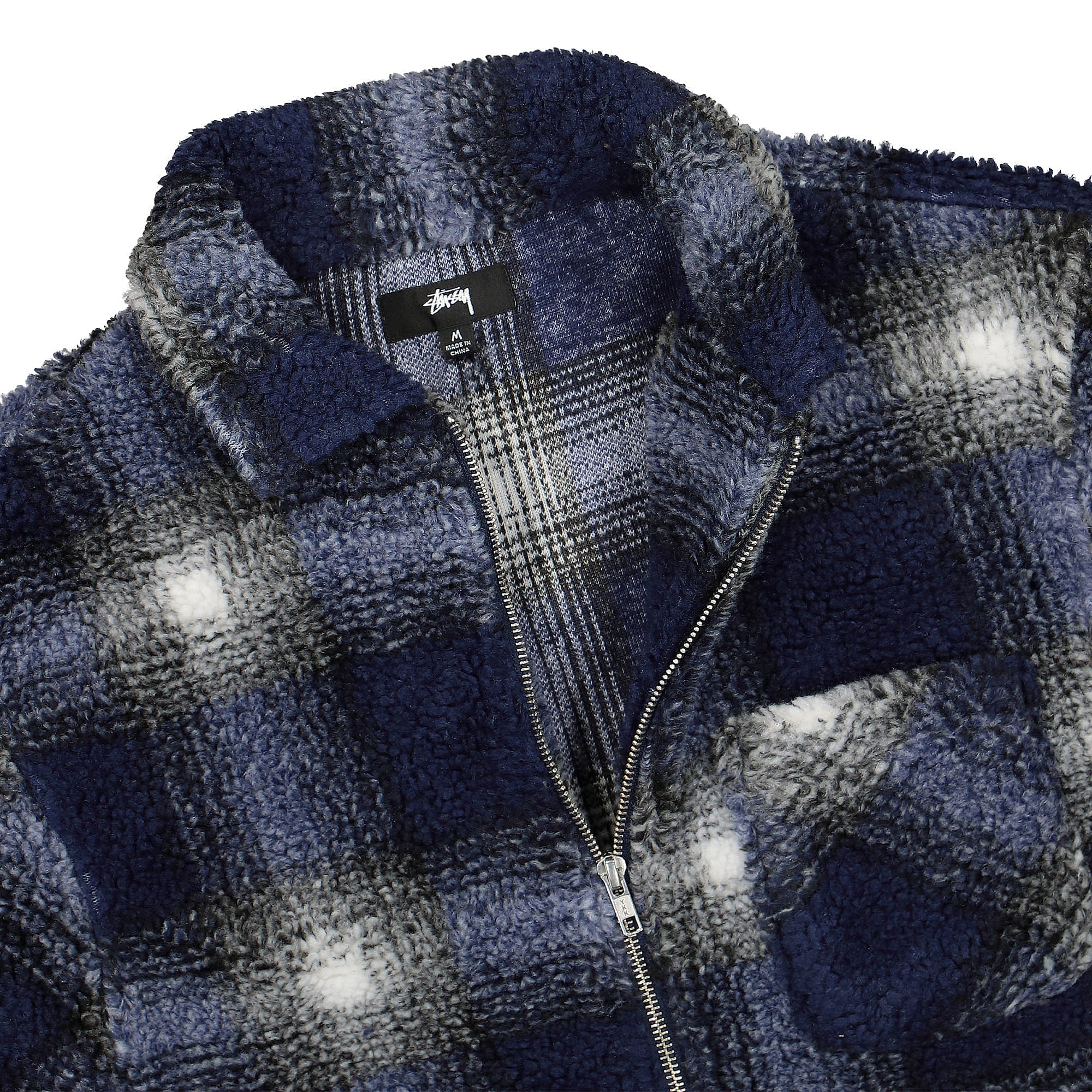 Stussy Shadow Plaid Sherpa Zip Shirt Blue Jackets Close-up | Overkill