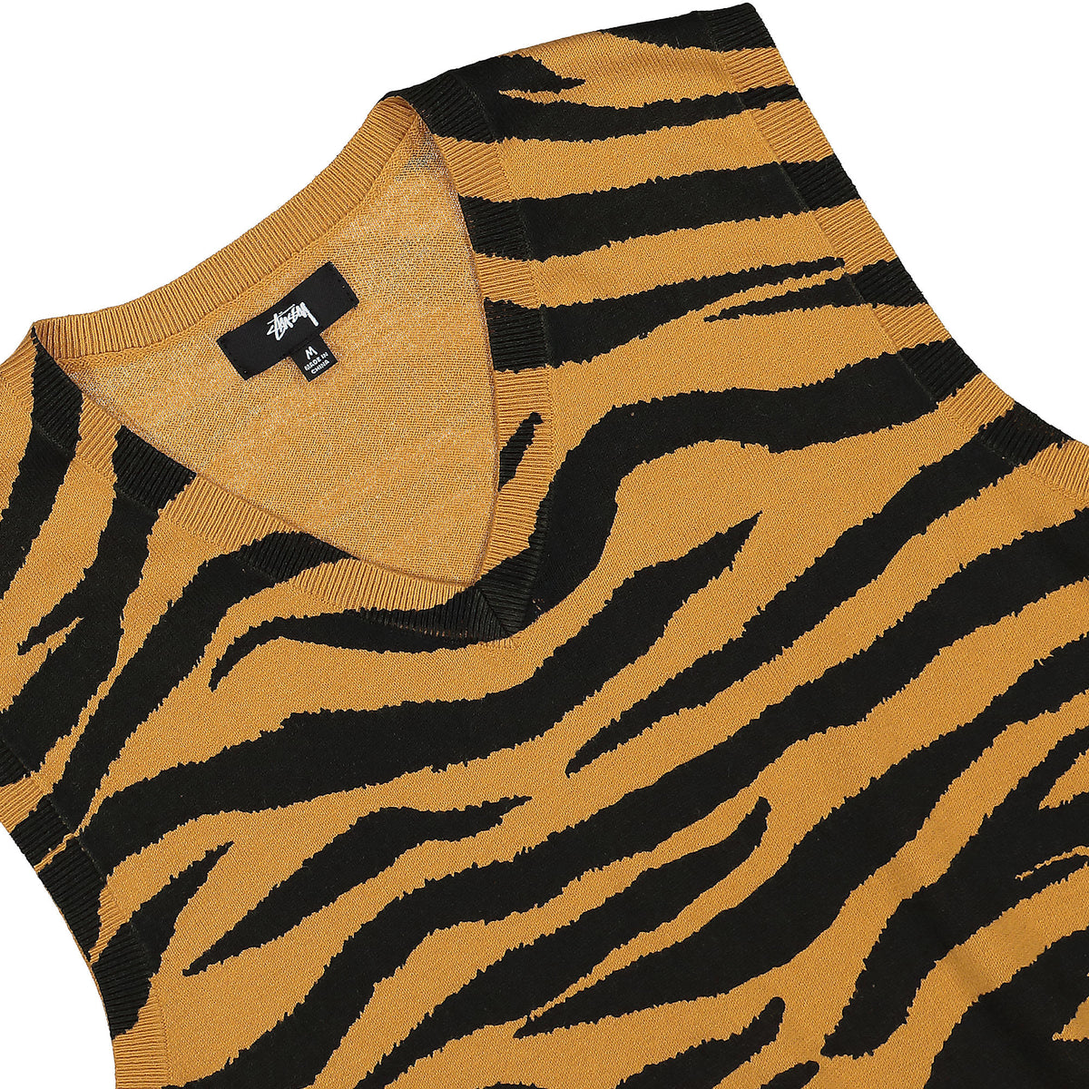 Stussy Tiger Printed Sweater Vest Mustard Sweater Vests Close-up | Overkill