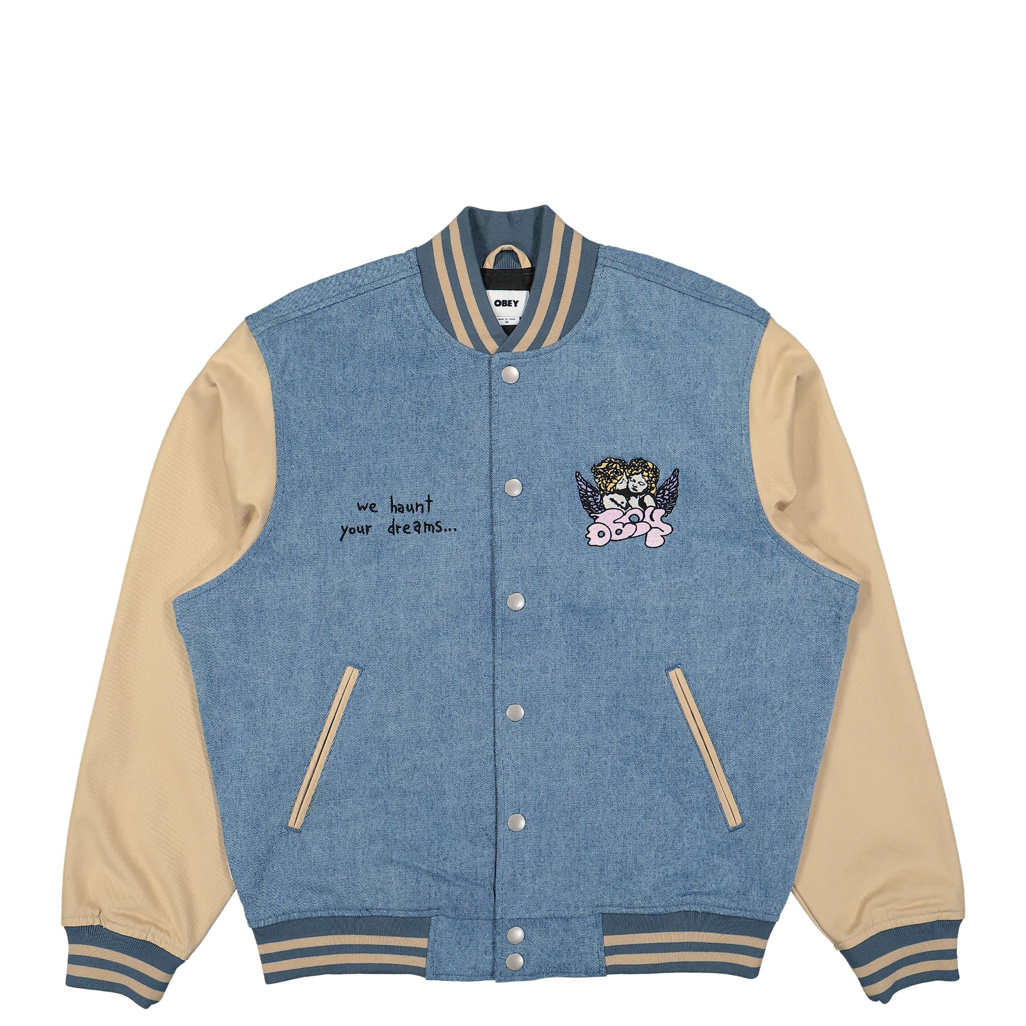Obey Care Denim Varsity Jacket Light Indigo Multi Bomber & Varsity Jackets 121800530 / Light Indigo Multi | Overkill