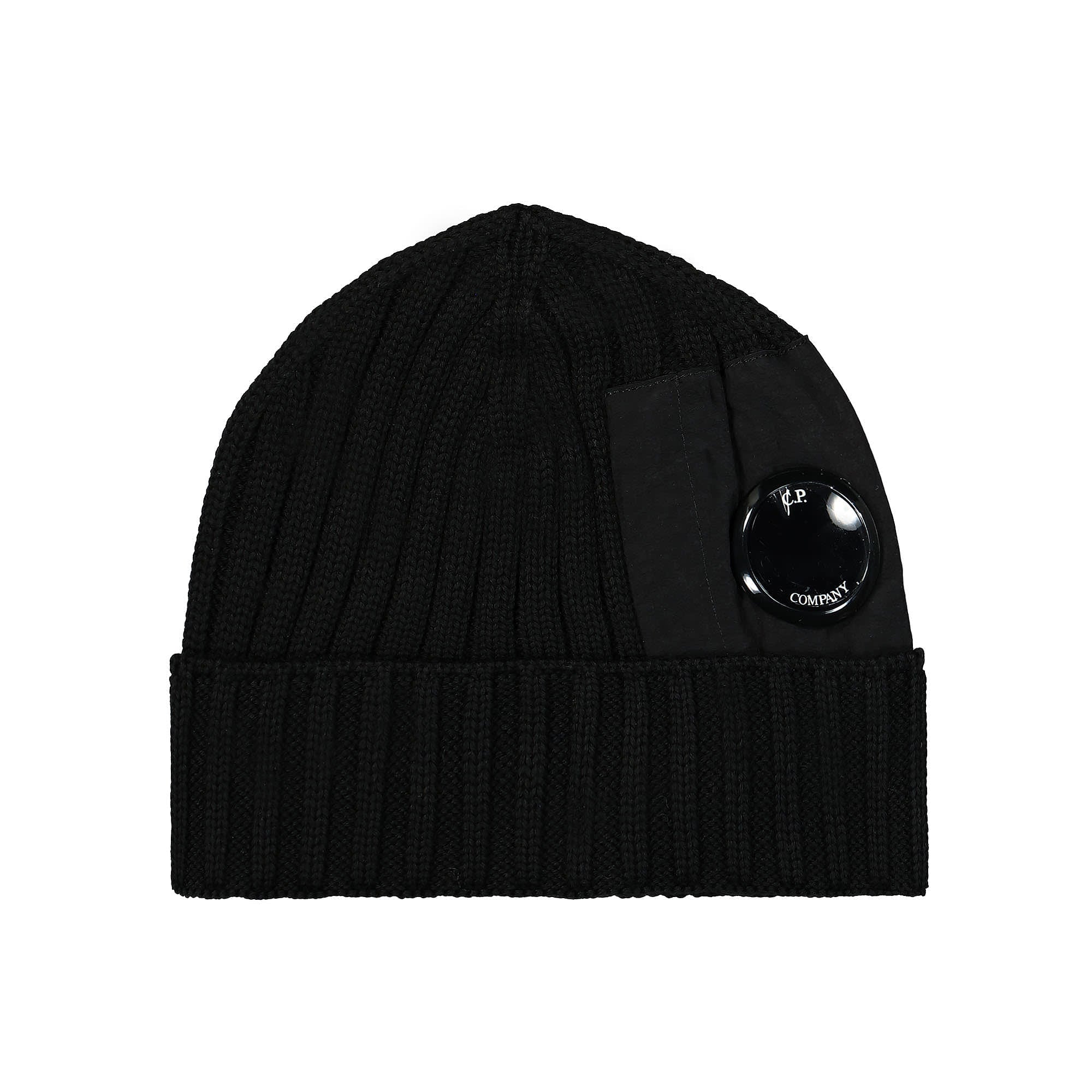 C.P. Company Extra Fine Merino Wool Logo Beanie Black Beanies 13CMAC300A-005509A 999 | Overkill