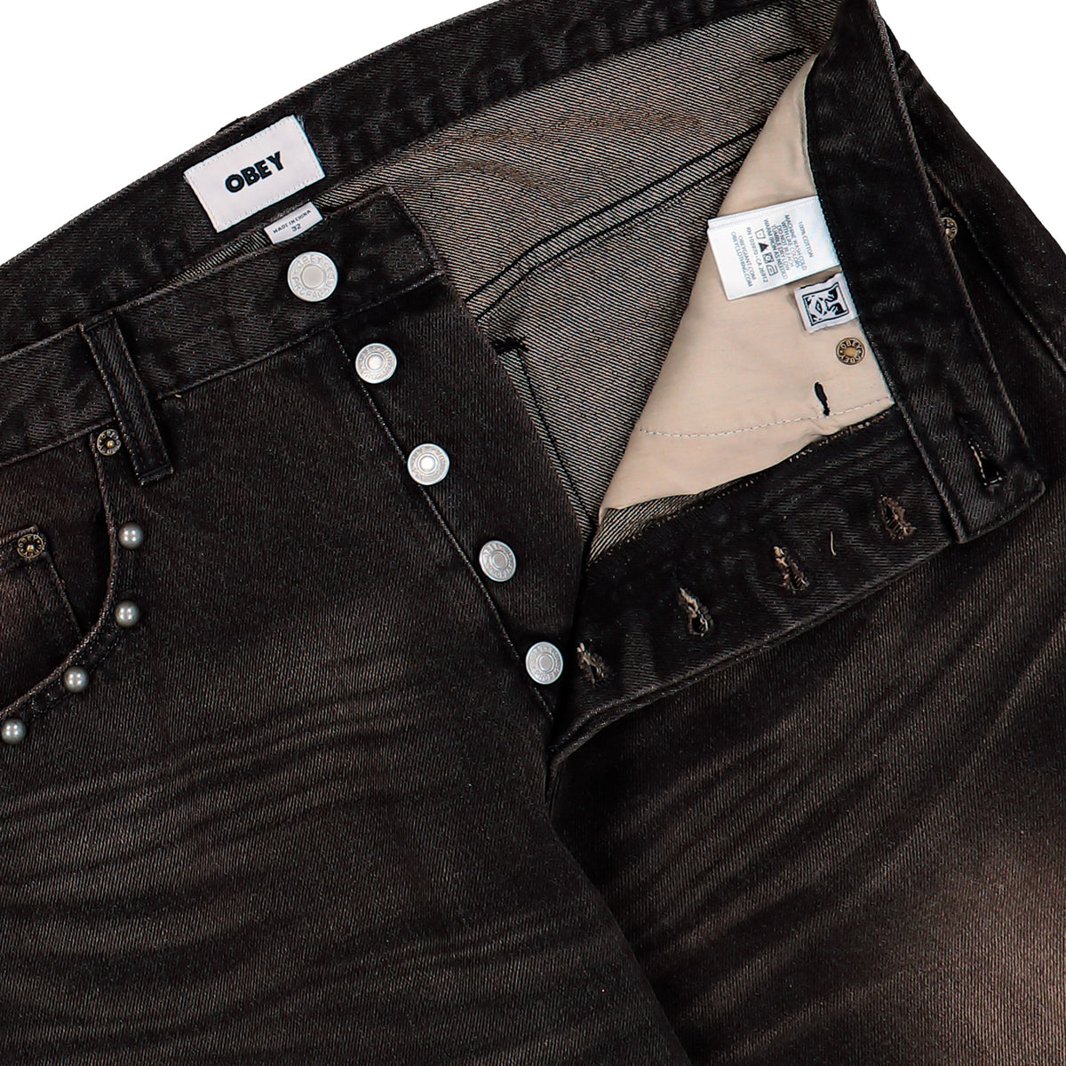Obey Studded Boxcar Straight Leg DM Black Rust Wash Jeans 142010121-BRU Detail View 1 | Overkill
