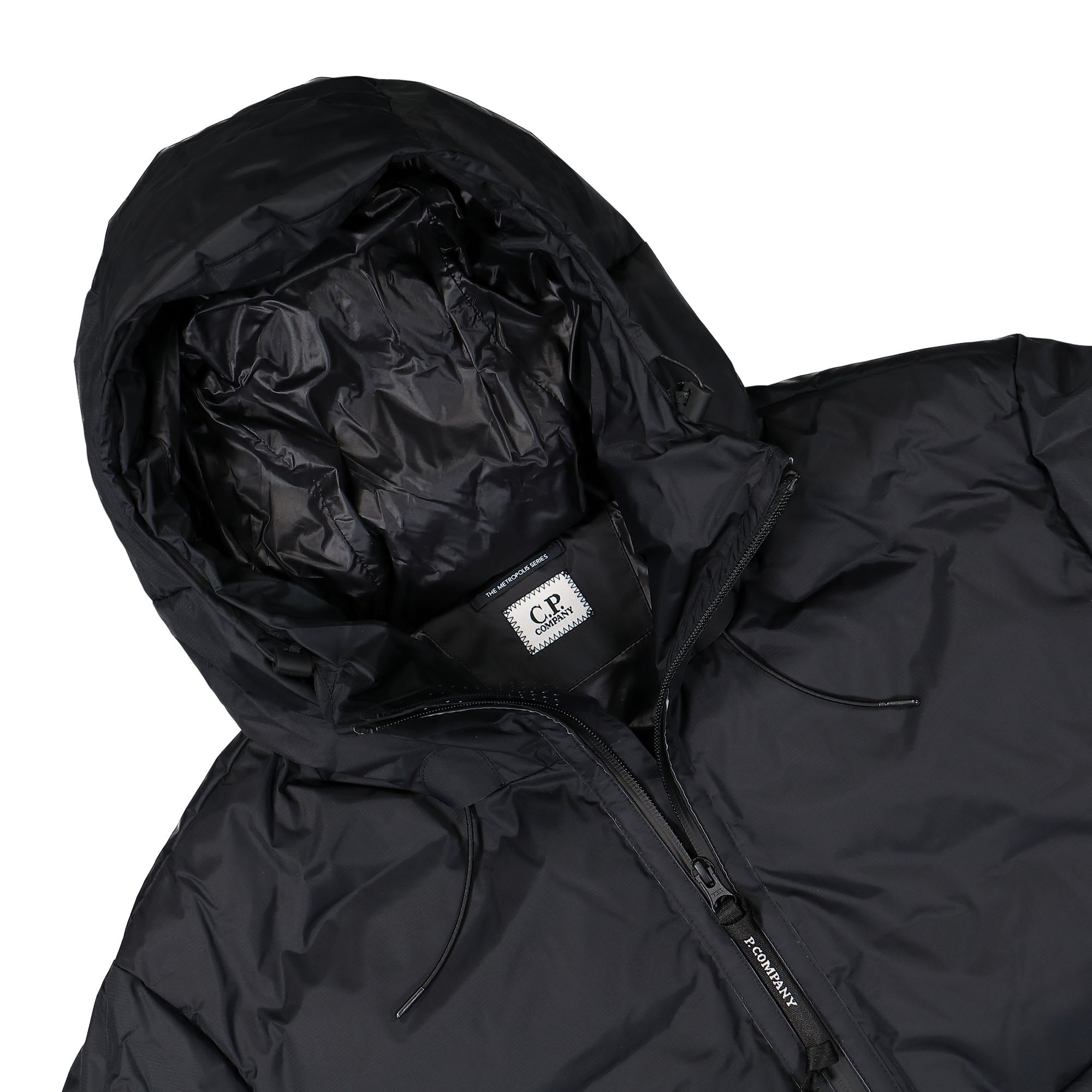C.P. Company Metropolis Series Baffled Hooded Down Jacket Black Puffer Jackets Close-up | Overkill