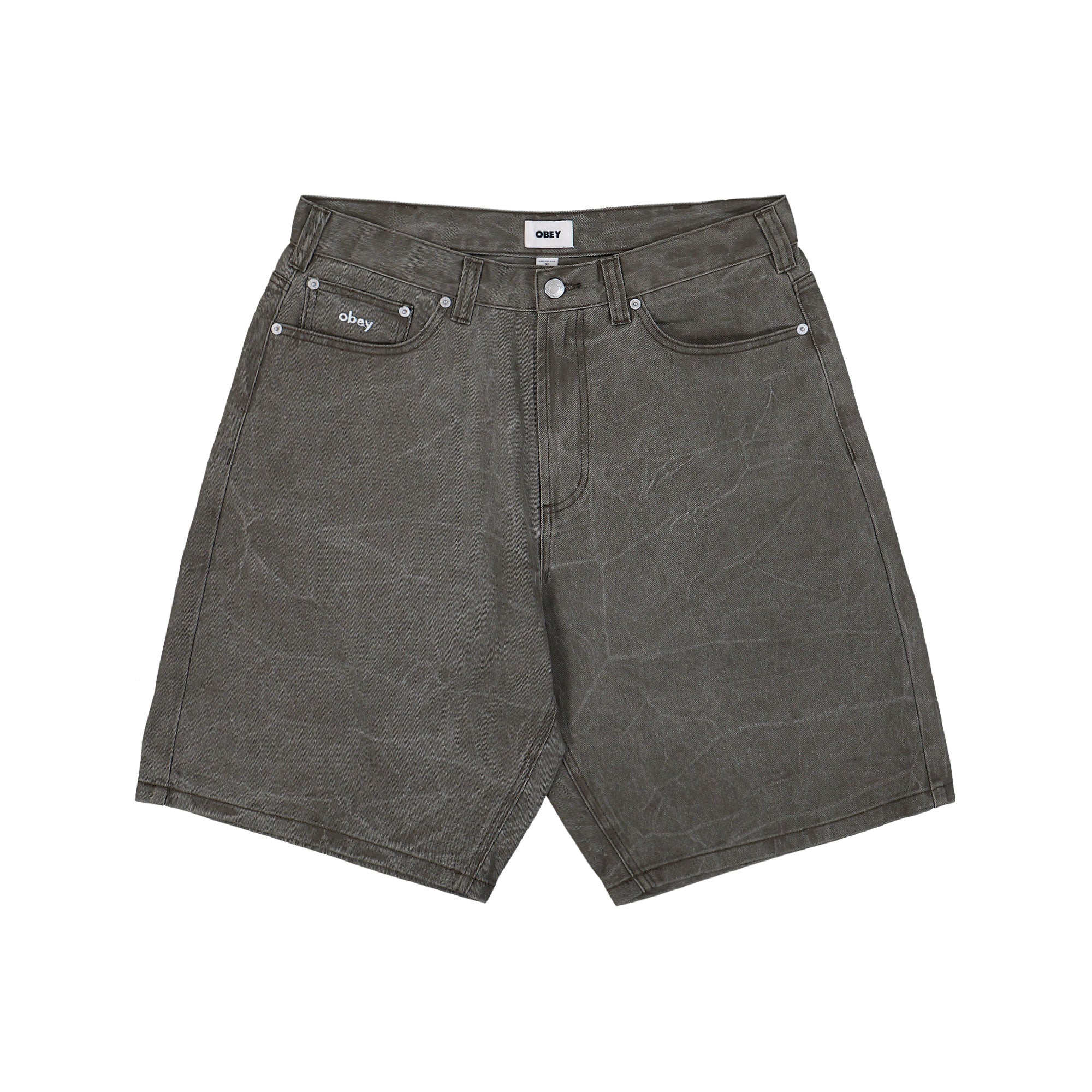 Obey BigWig Baggy Denim Short Black Olive Wrinkle Wash Shorts 172100109-BOW | Overkill

