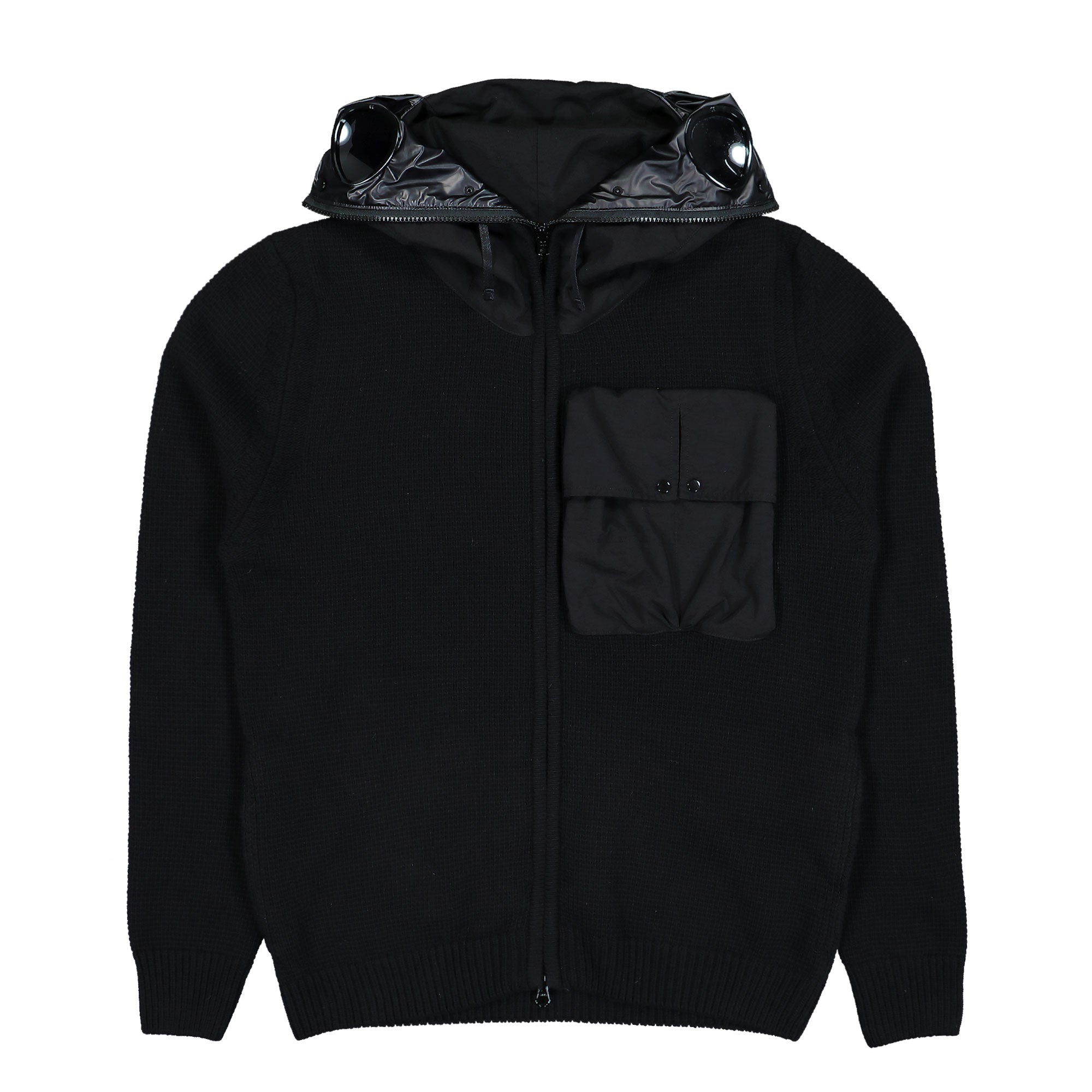 C.P. Company Lambswool Mixed Goggle Hood Cardigan Black Cardigan 19CMKN245A-110149M 999 | Overkill
