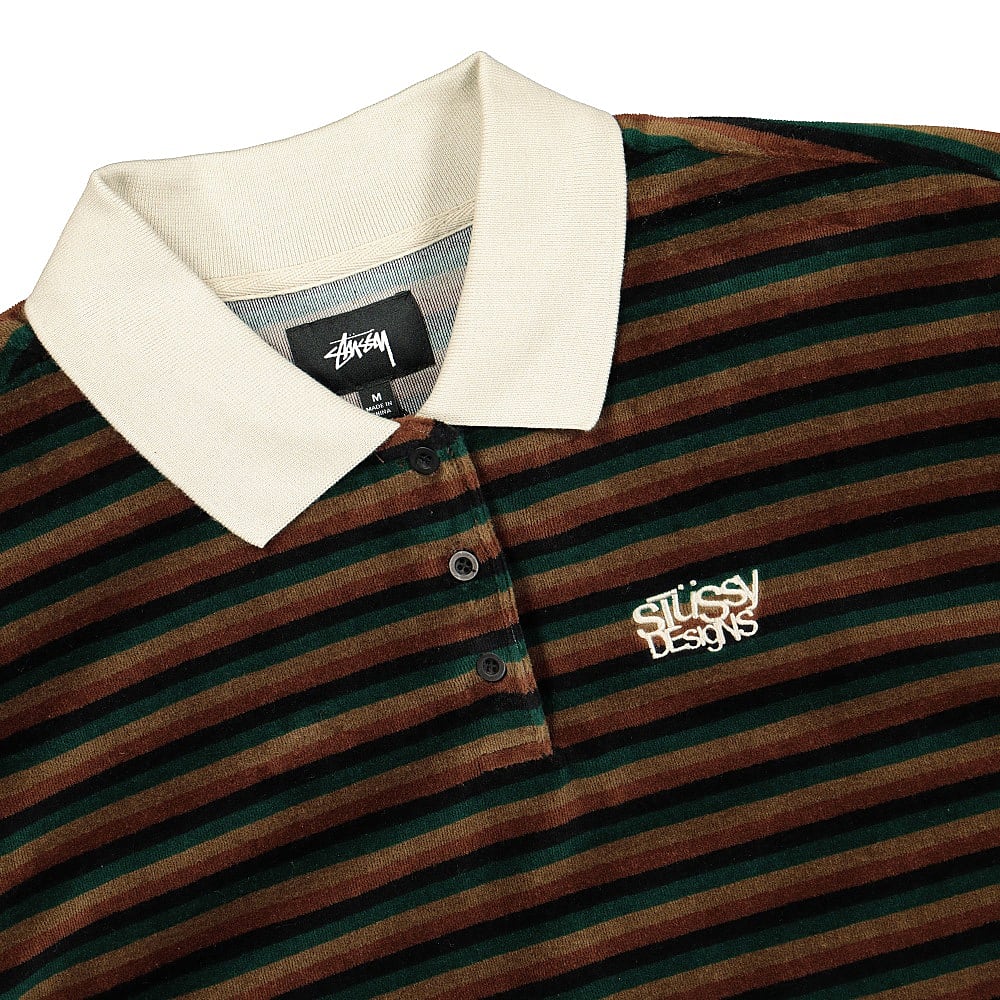 Stussy Rosemary Velour Stripe Longsleeve Polo Brown Longsleeves Close-up | Overkill