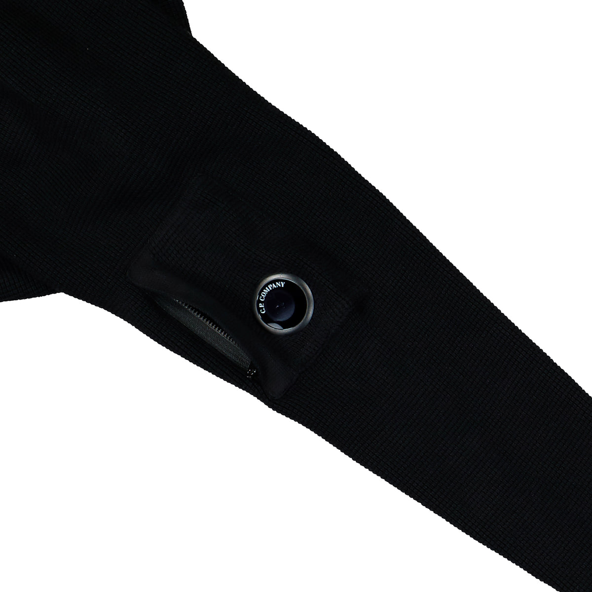 C.P. Company Waffle Knit Cotton Zip Lens Cardigan Black Cardigan 21CMKN058A-110754A 999 Detail View 1 | Overkill
