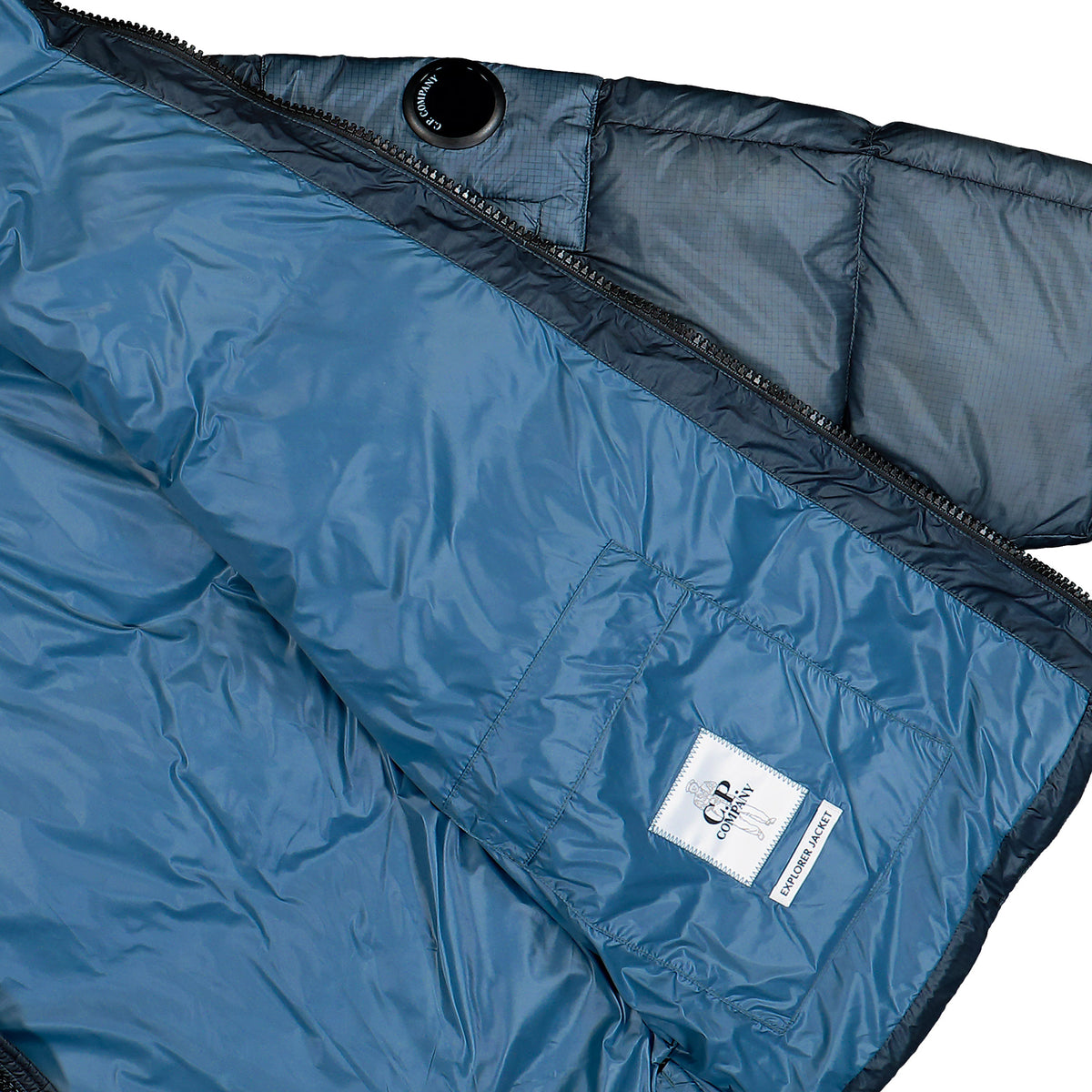 C.P. Company D.D. Shell Explorer Lens Down Jacket Orion Blue Jacket 21CMOW215A-110416A 871 Detail View 4 | Overkill
